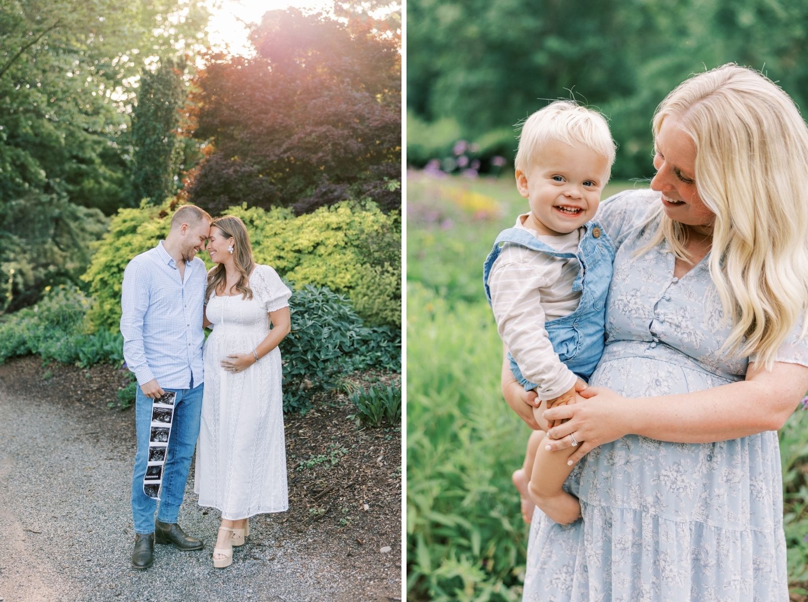 mom and dad looking at each other holding ultrasound, mom holding/looking at little boy