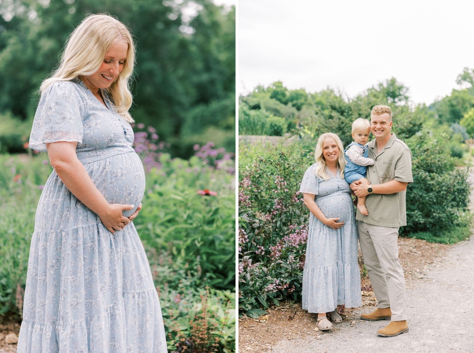 pregnant mom, mom and dad holding little boy looking at camera