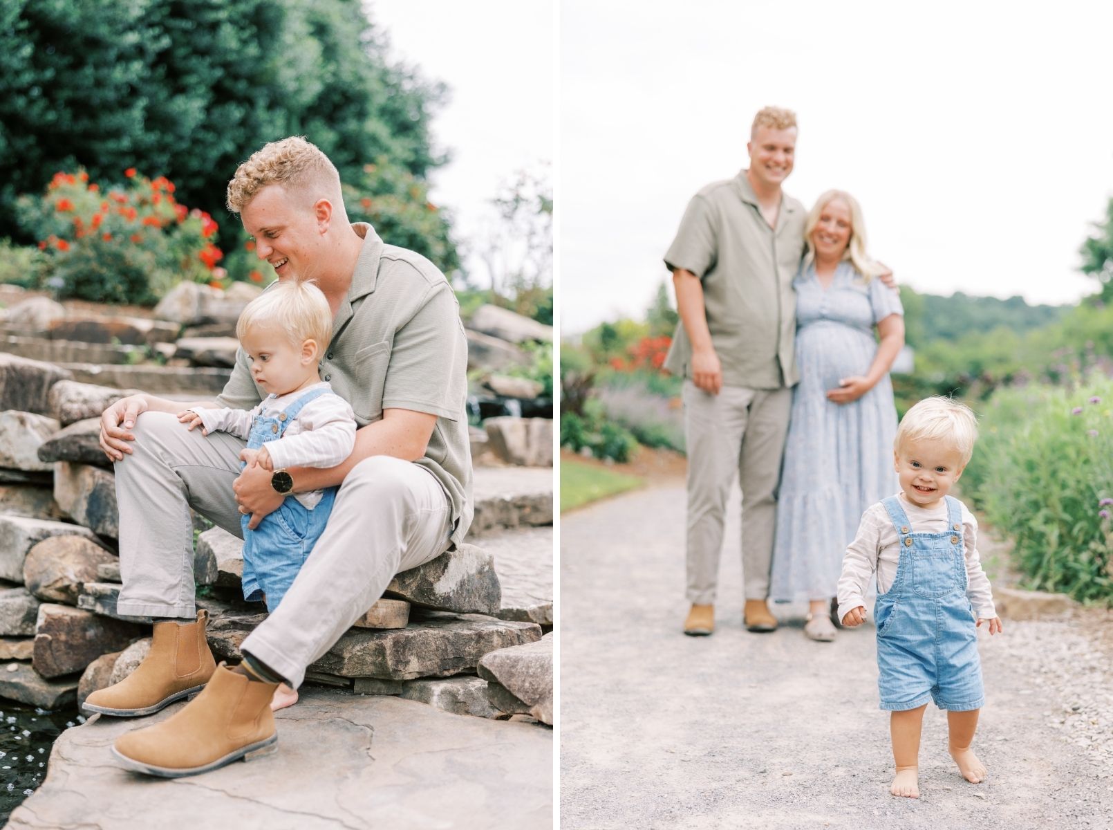 dad holding little boy looking at water, mom and dad looking at little boy walking toward camera
