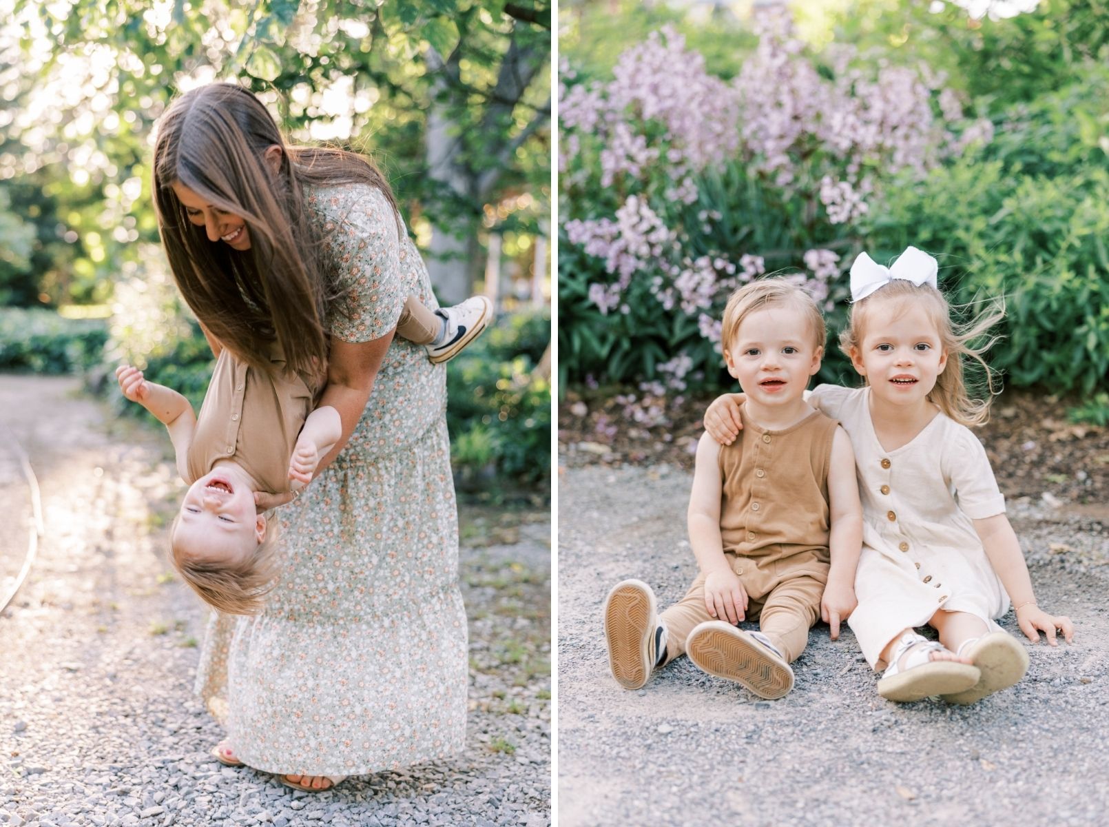 mom holding baby boy upside down, kids smiling at camera