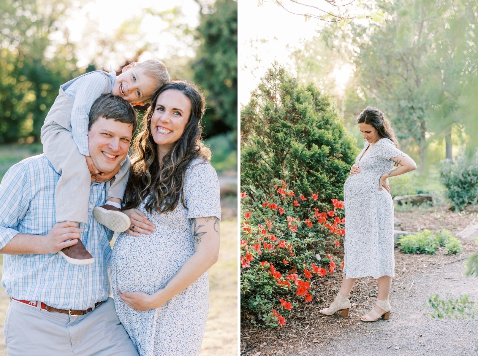 mom and dad with little brother on dads shoulders, pregnant mom