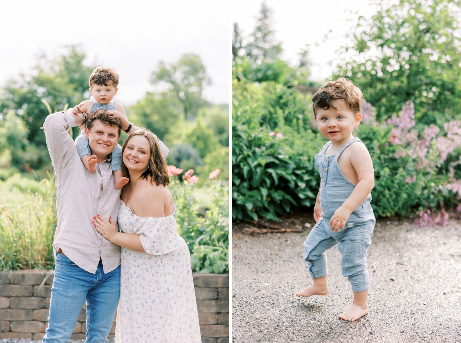 mom and dad smiling at camera little boy on dads shoulders, little boy looking at camera