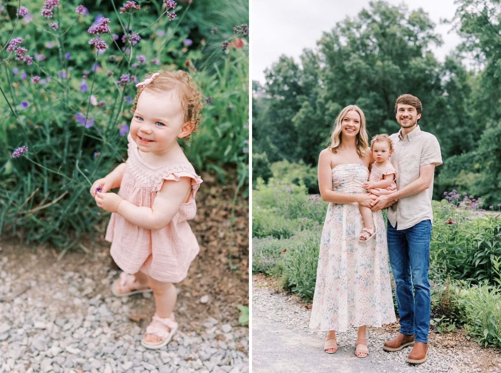 little girl with flowers, mom and dad holding little girl looking at camera