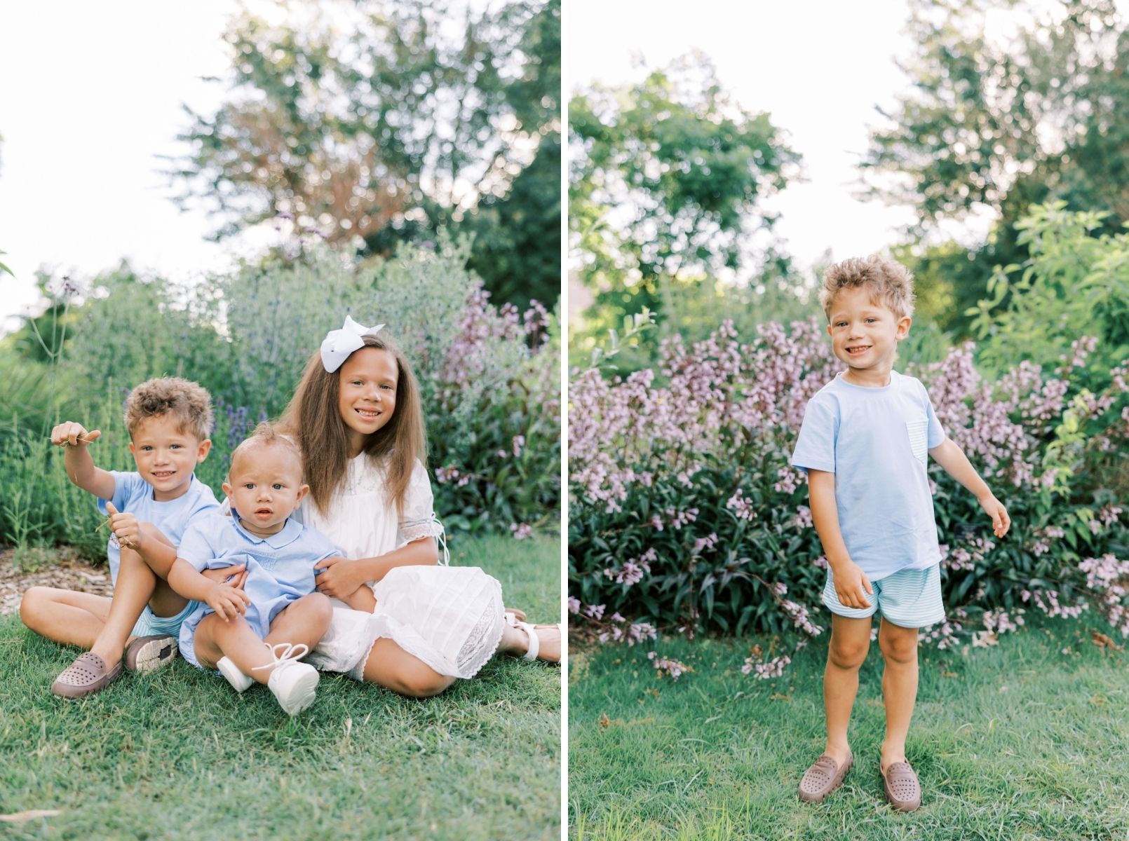 children sitting on grass, middle brother looking at camera