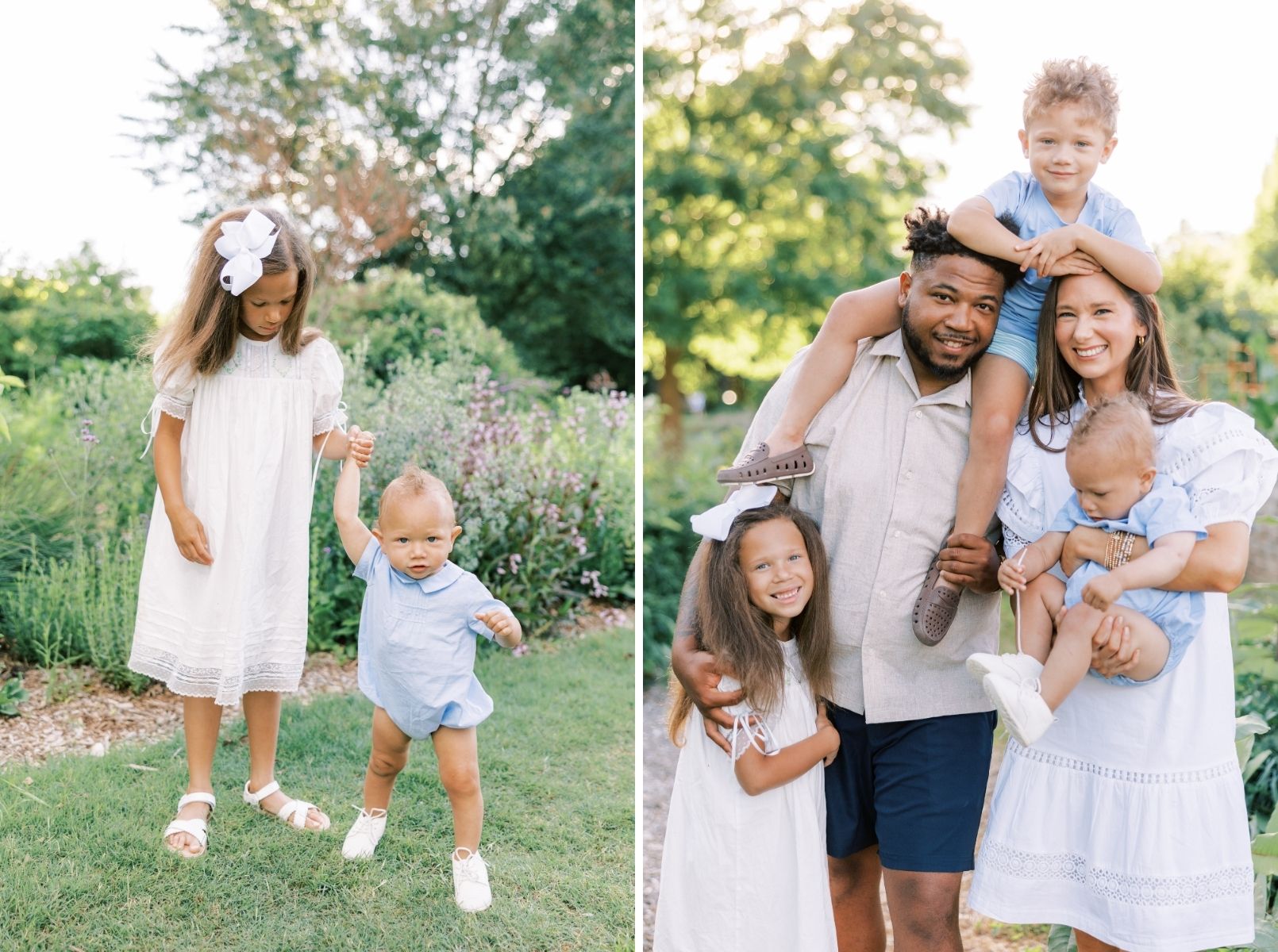 big sister holding little brother's hand, family looking at camera