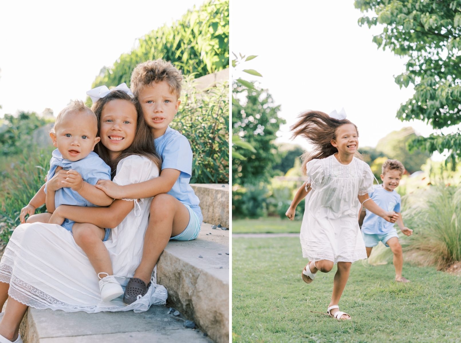 kids squeezed looking at camera, big sis and middle brother running