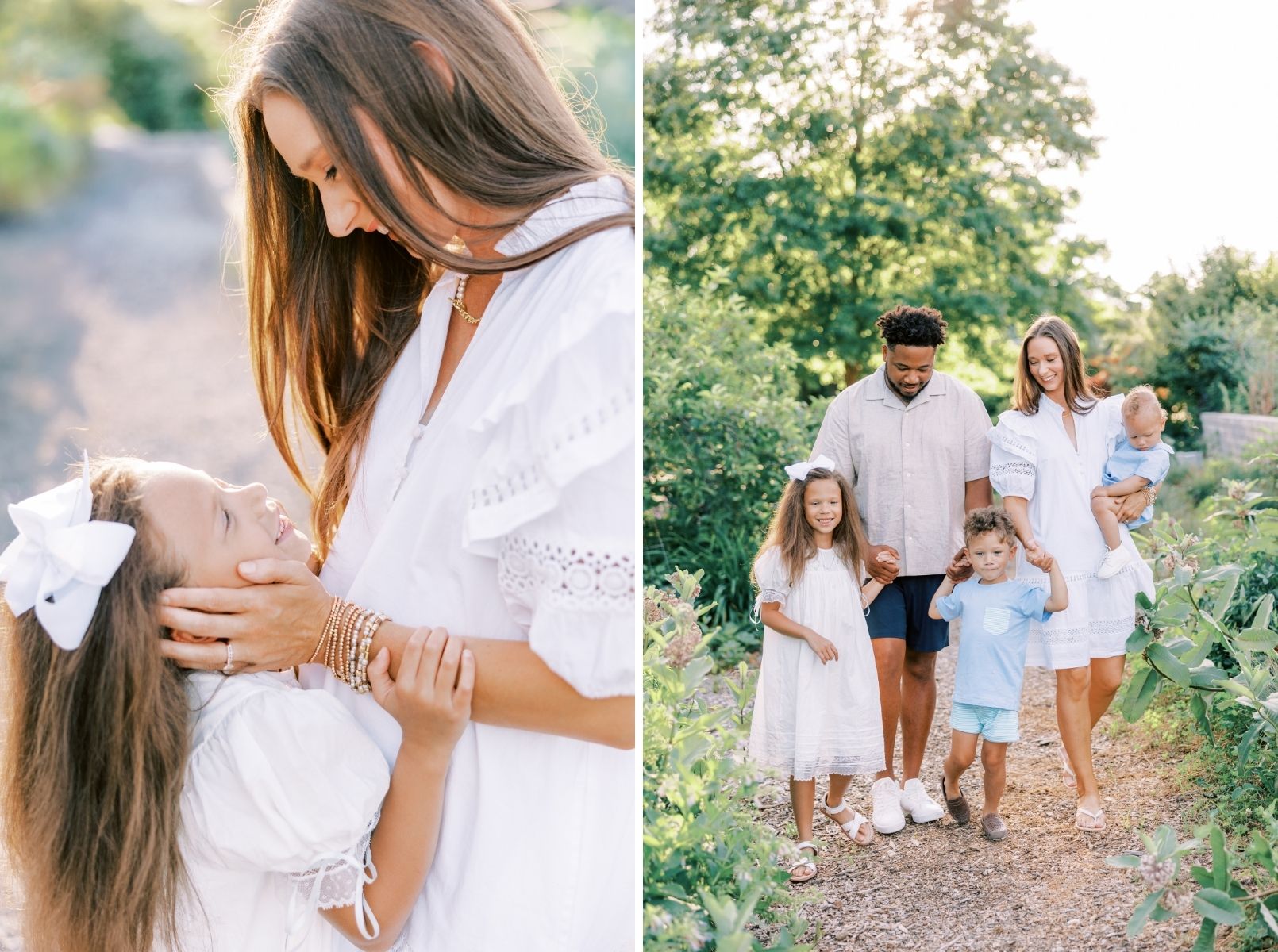 mom holding little girl face, family looking at each other
