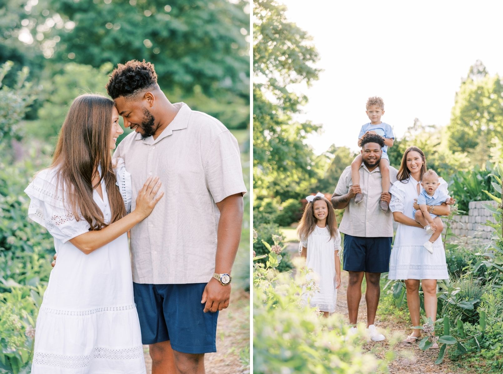 mom and dad looking at each other, family looking at camera