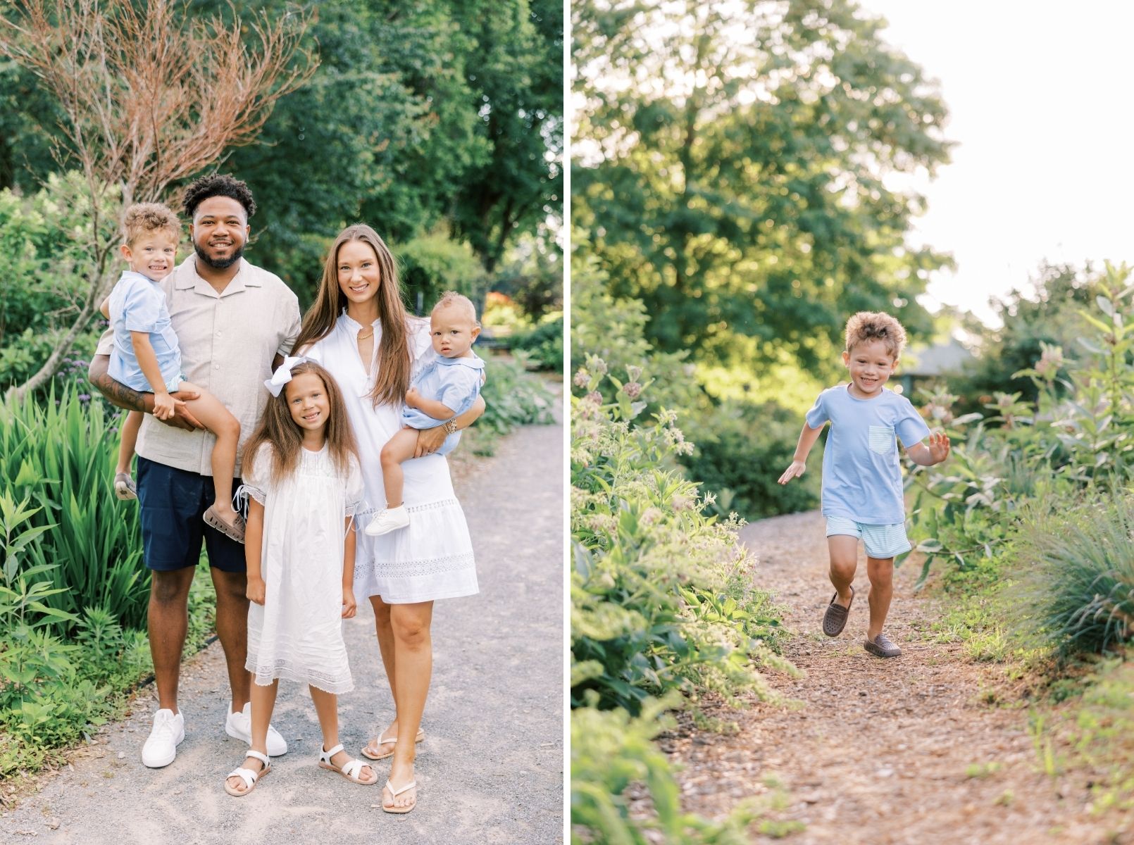 family looking at camera, little brother running