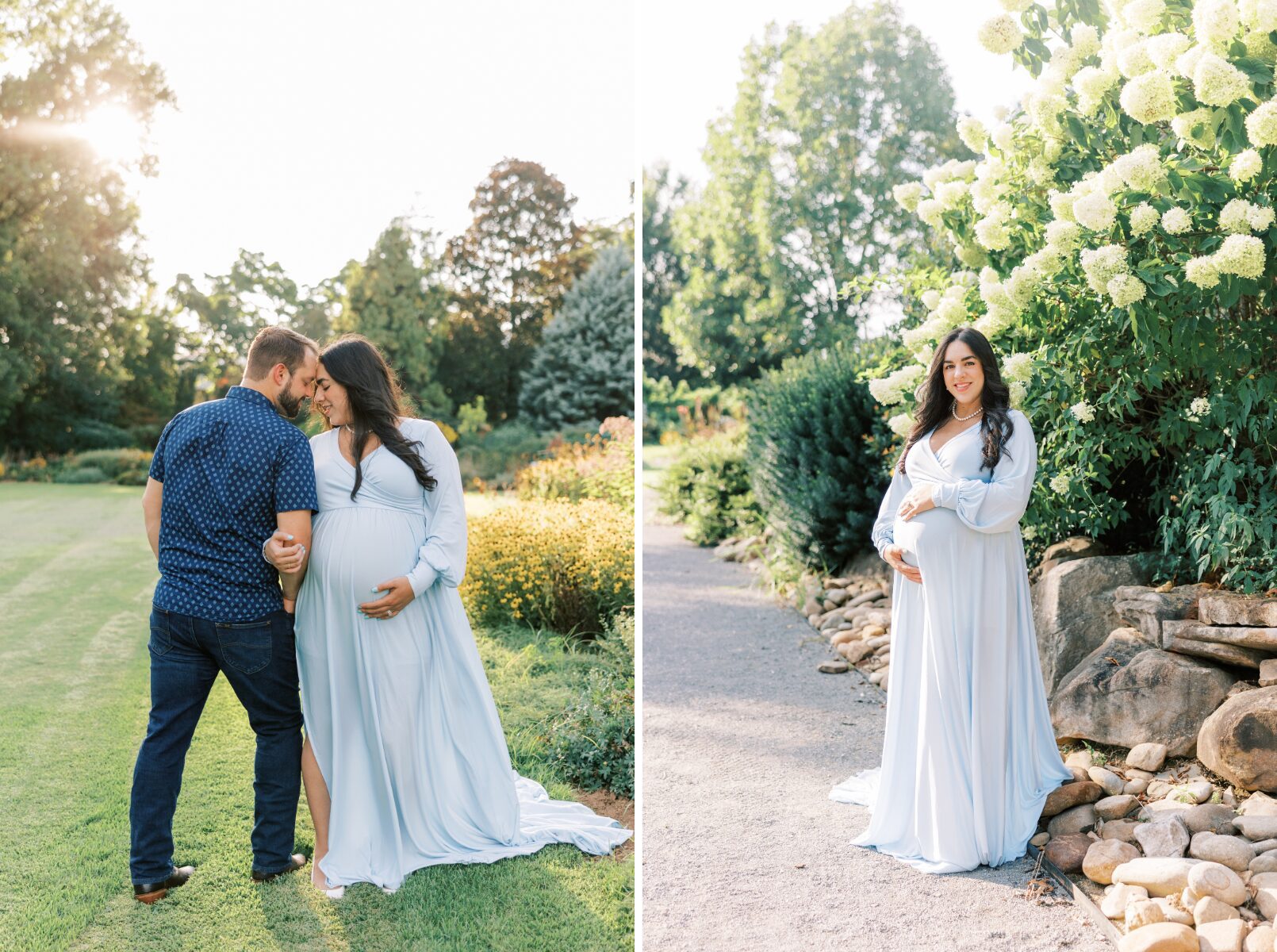 camera on dads' back with moms arm wrapped through his, mom looking at camera holding belly