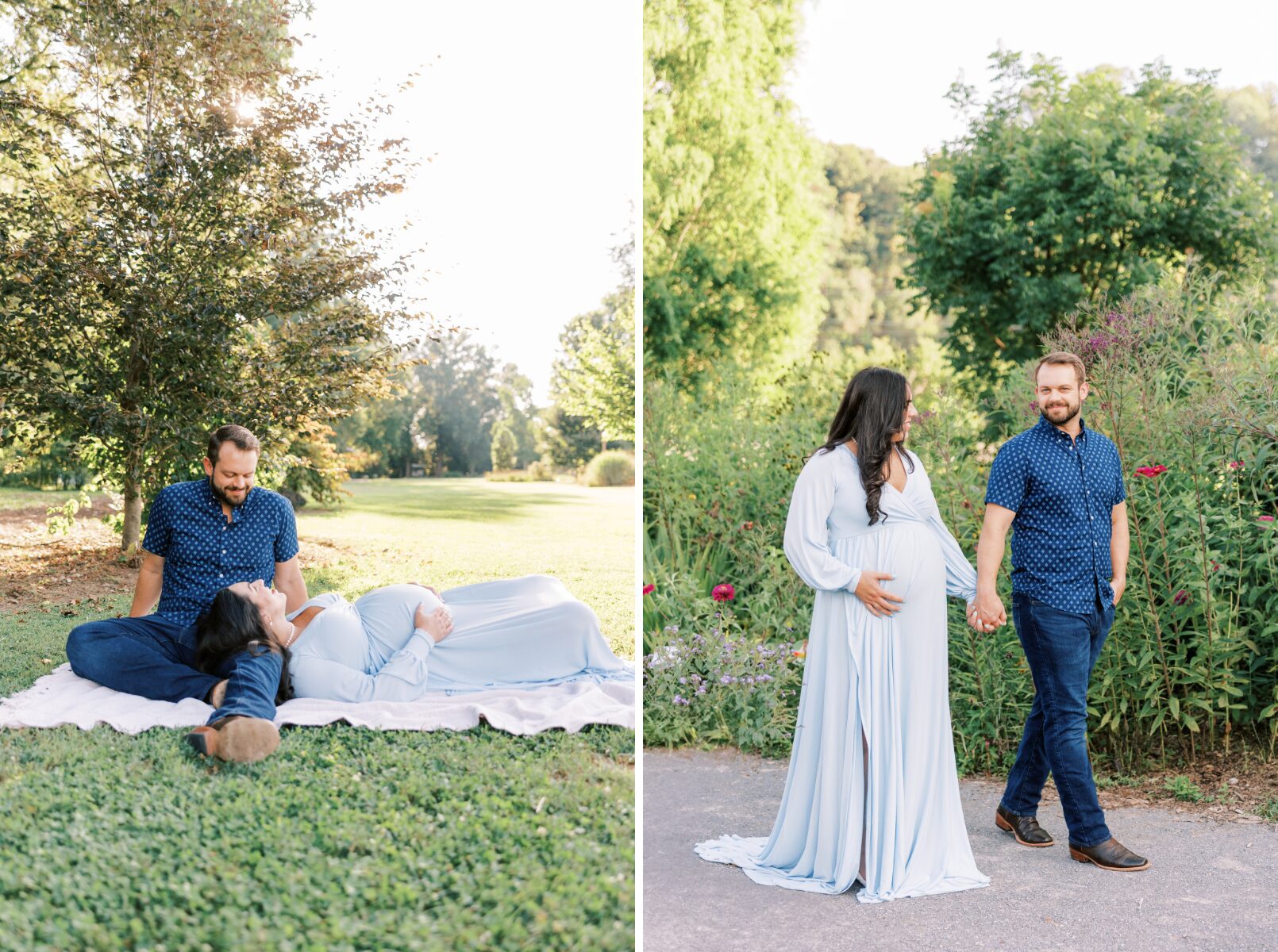 mom and laying laying on blanket looking at each other, walking holding hands while dad looks at camera
