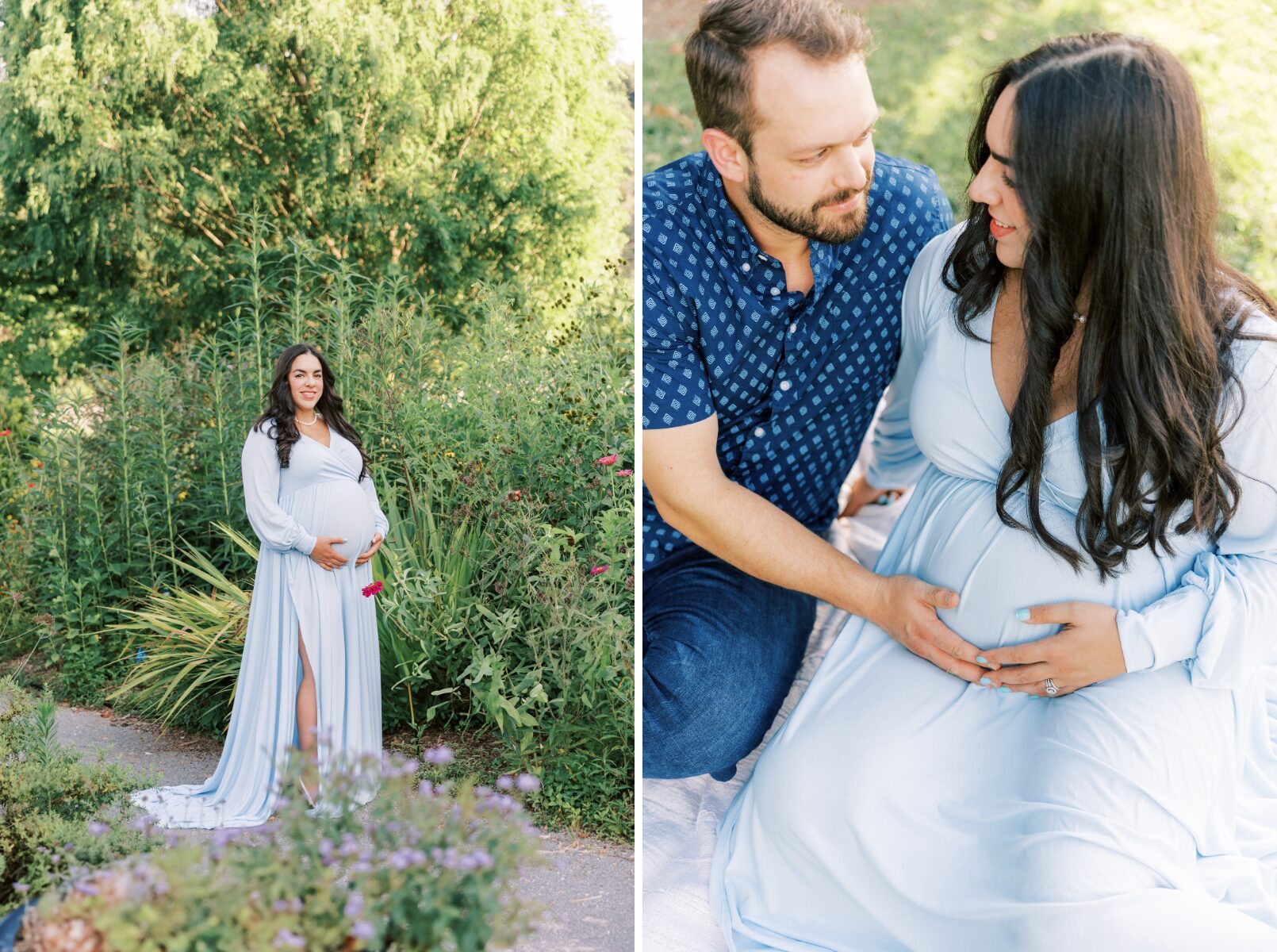 mom in the greenery, mom and ad looking at each other holding belly