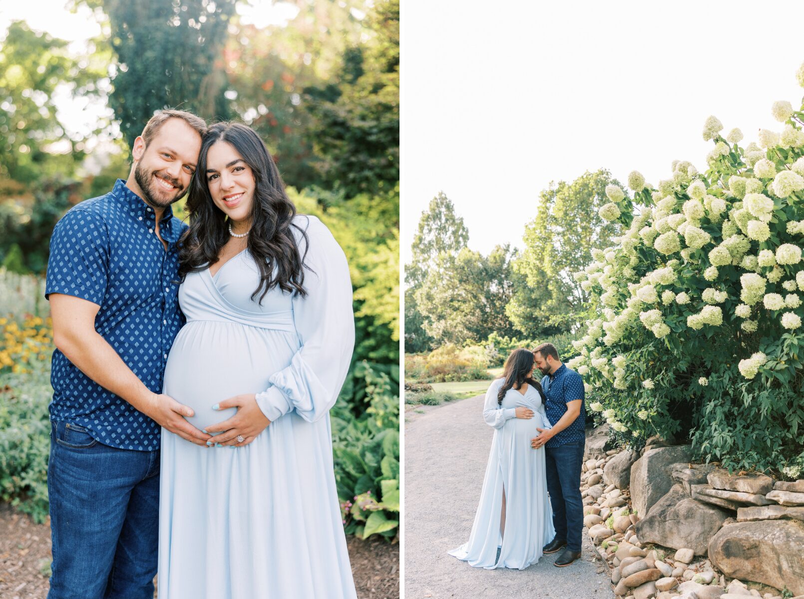mom and dad placing heads together, mom and dad looking at each other in front of bush