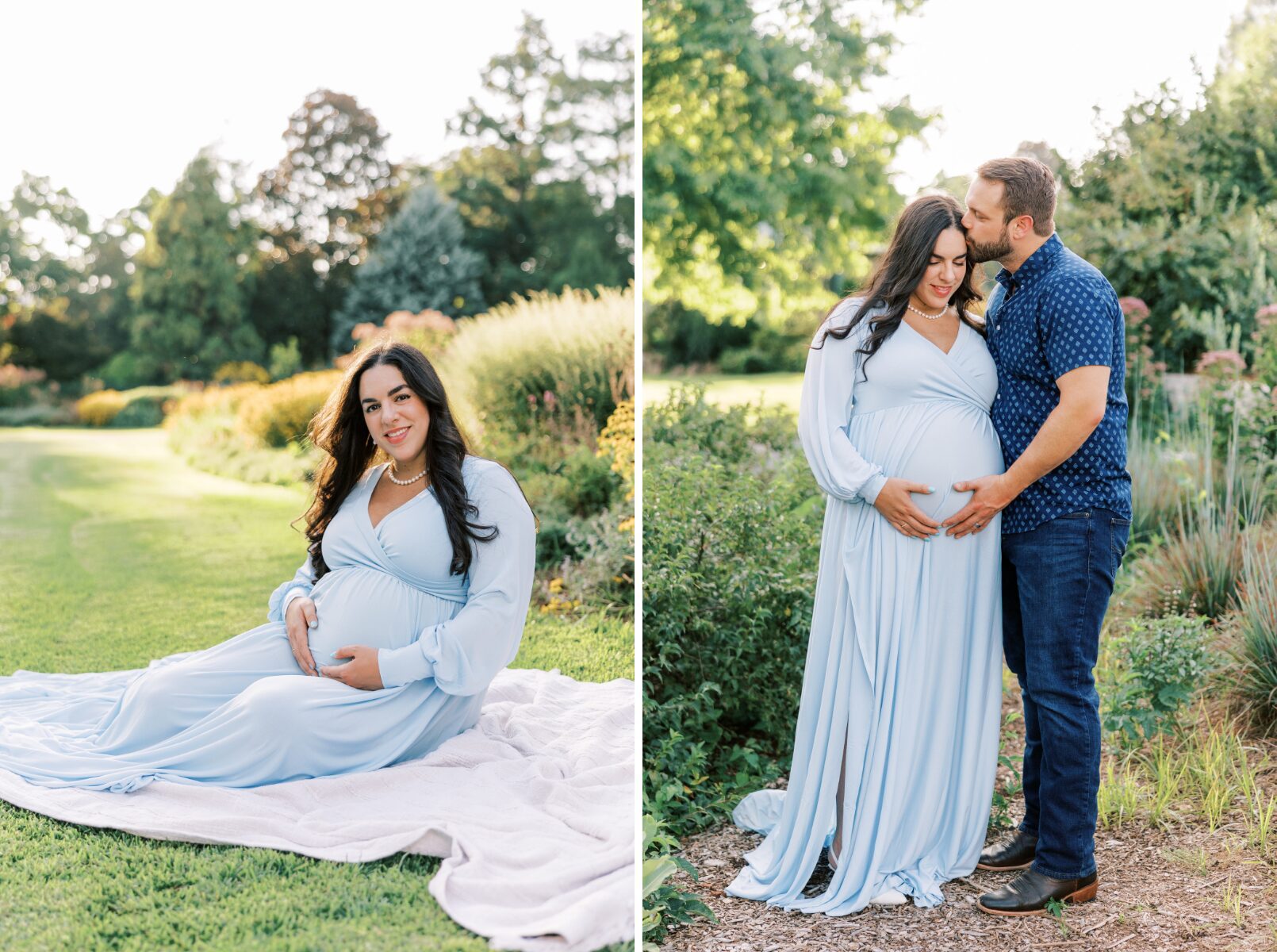 mom sitting on blanket holding belly, dad kissing mom on forehead