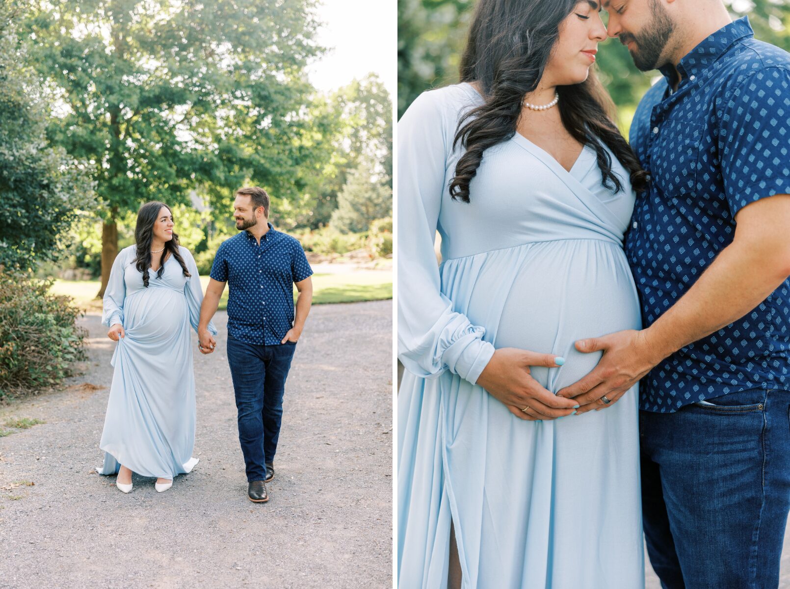 walking holding hands, mom and dad resting heads together holding belly