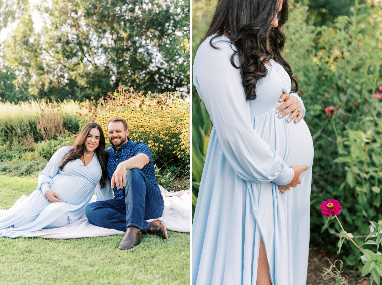 mom and dad sitting on blanket, mom holding belly