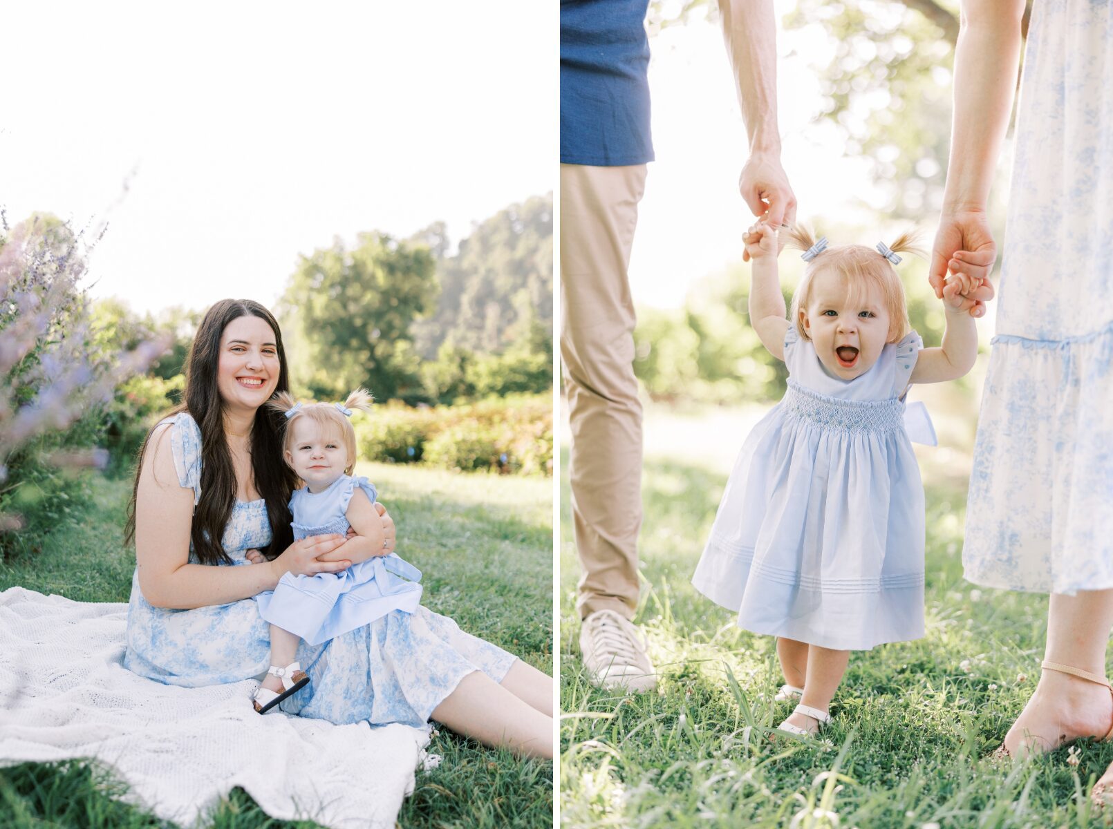 mom and little girl sitting on blanket, mom and dad holding little girls hands