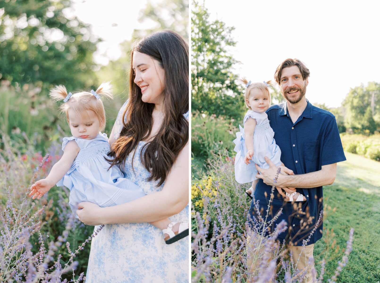 mom looking at girl looking at flowers, dad with little girl looking at camera