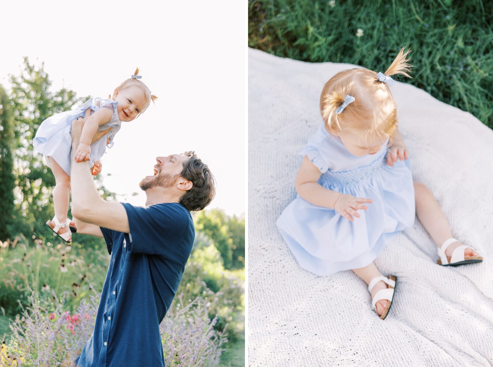 dad throwing little girl up, little girl on blanket