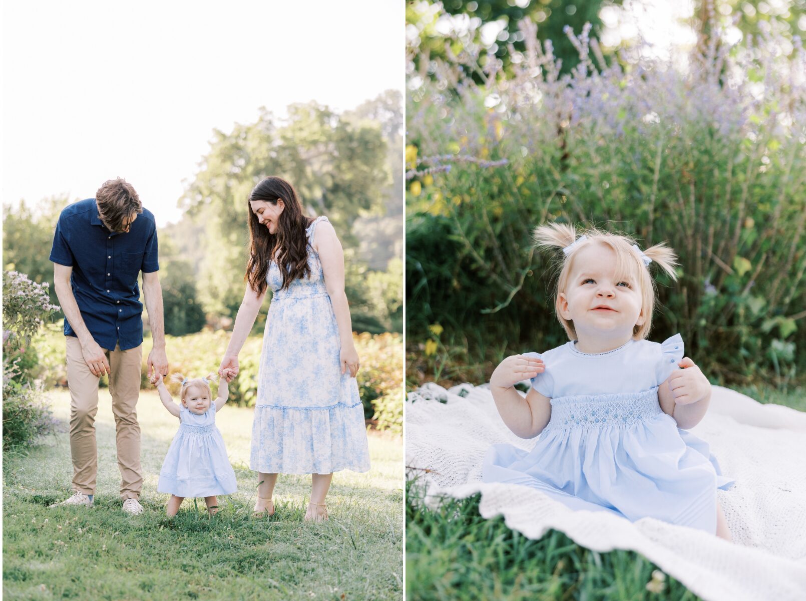 holding hands walking looking down, baby girl on blanket