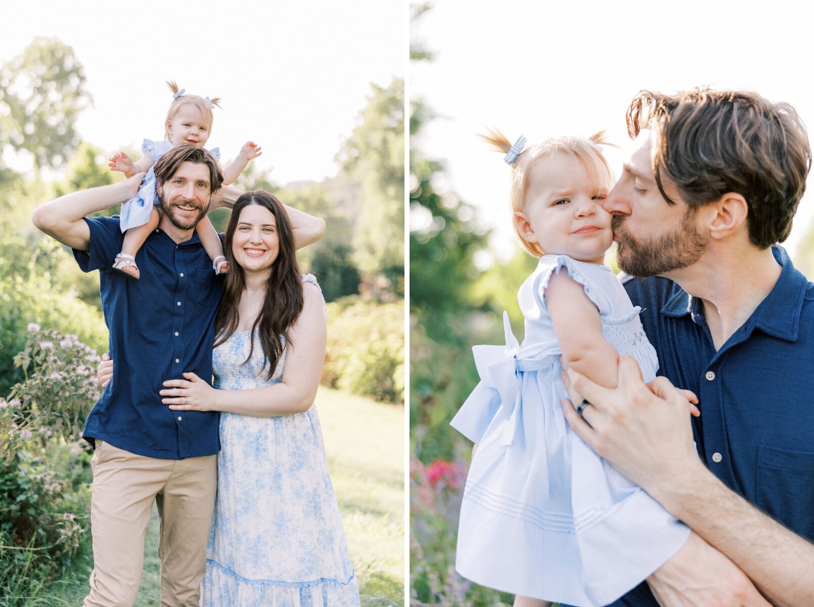 child on dads' shoulders, dad kissing little girl cheek