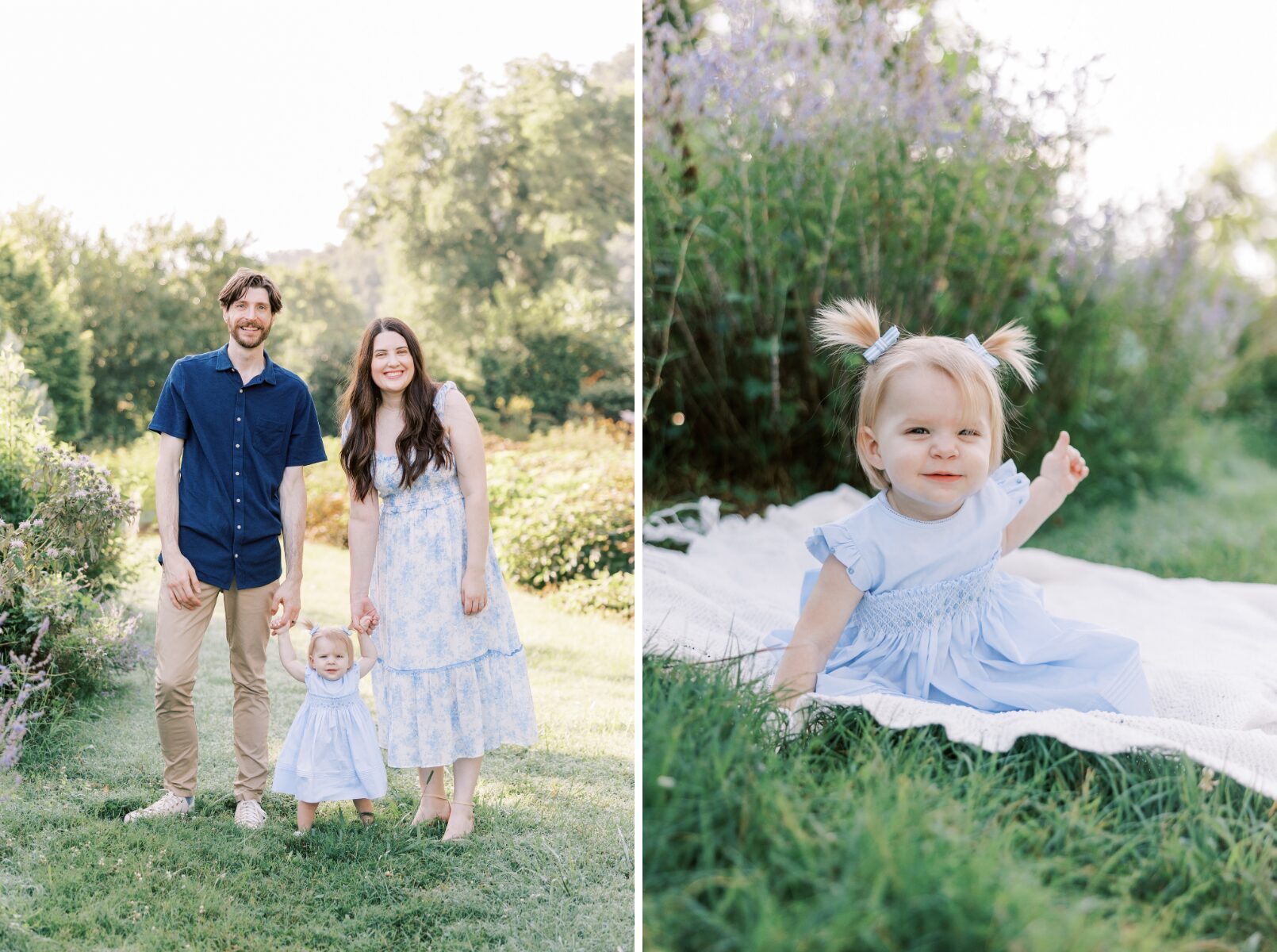 family holding hands, little girl on blanket