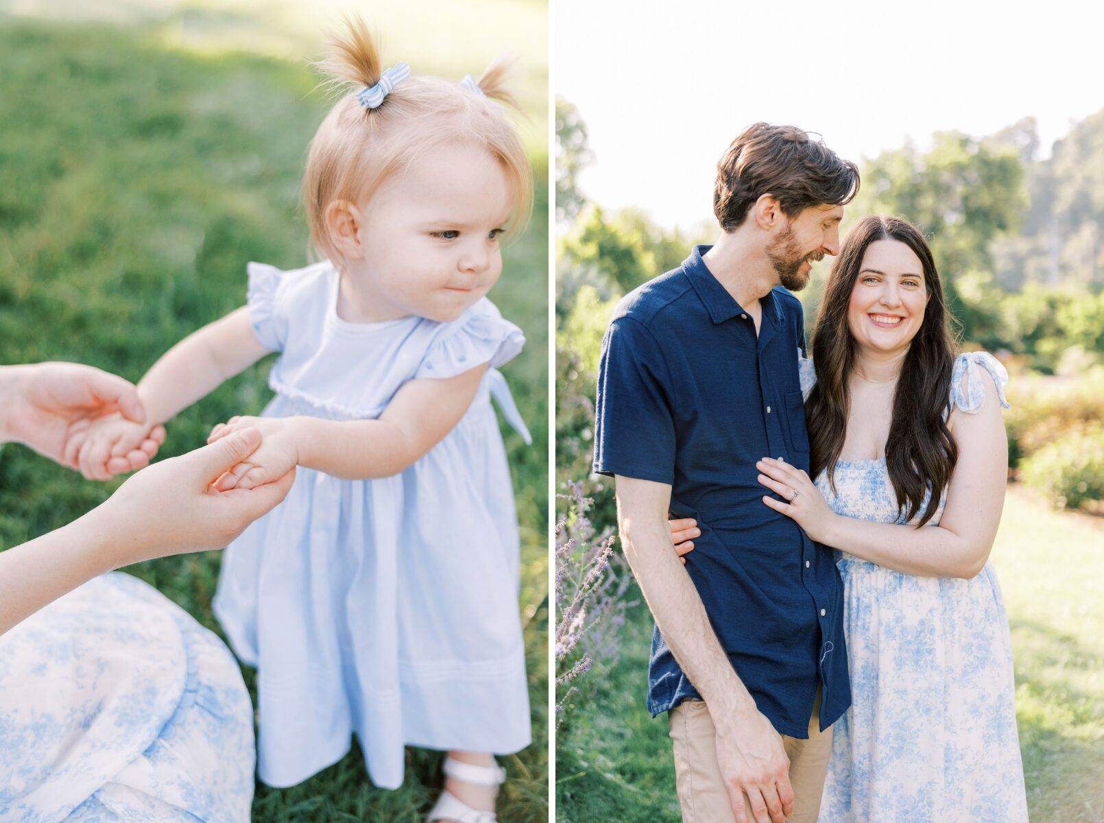 little girl holding moms hands, dad looking at mom
