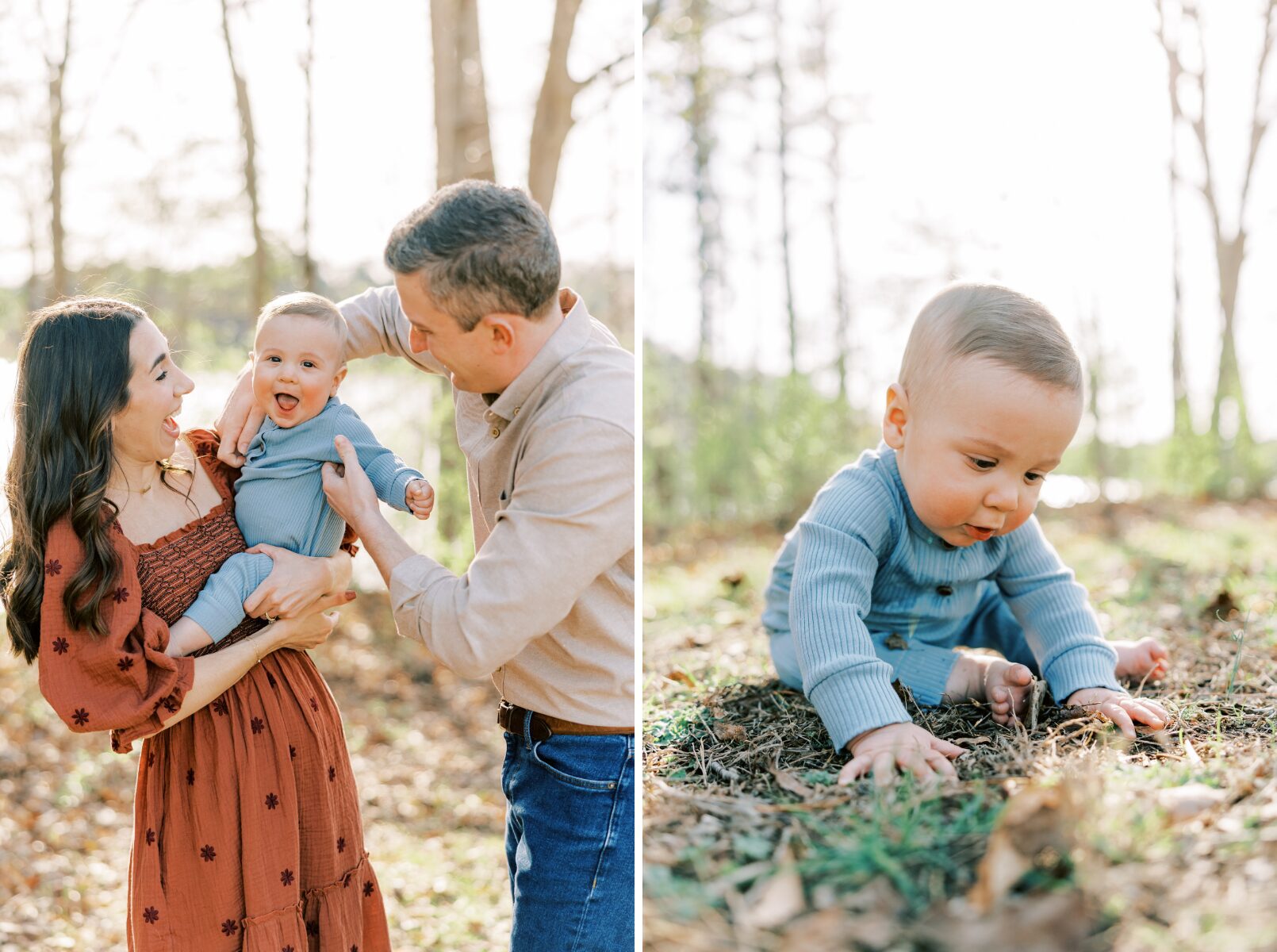 mom and dad looking at boy holding him, boy looking at the ground while sitting on the ground