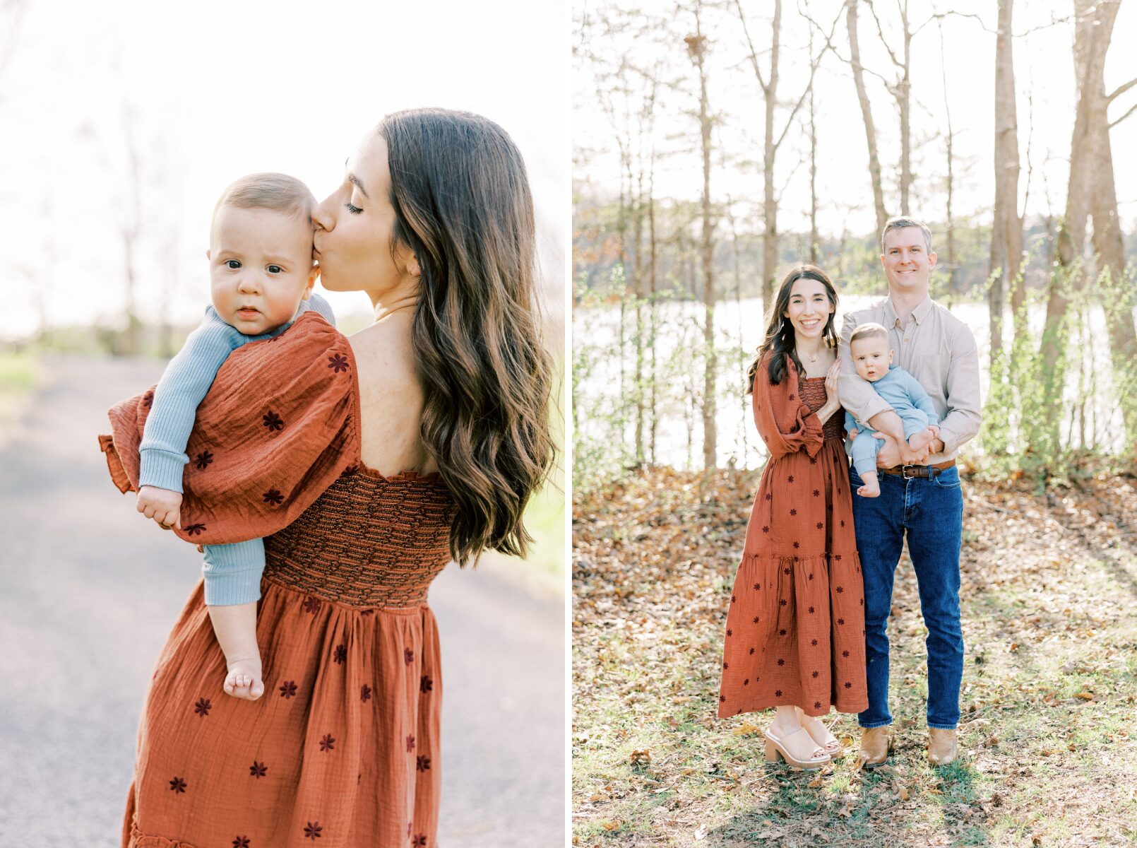 mom kissing boy on head while holding him, family smiling at camera