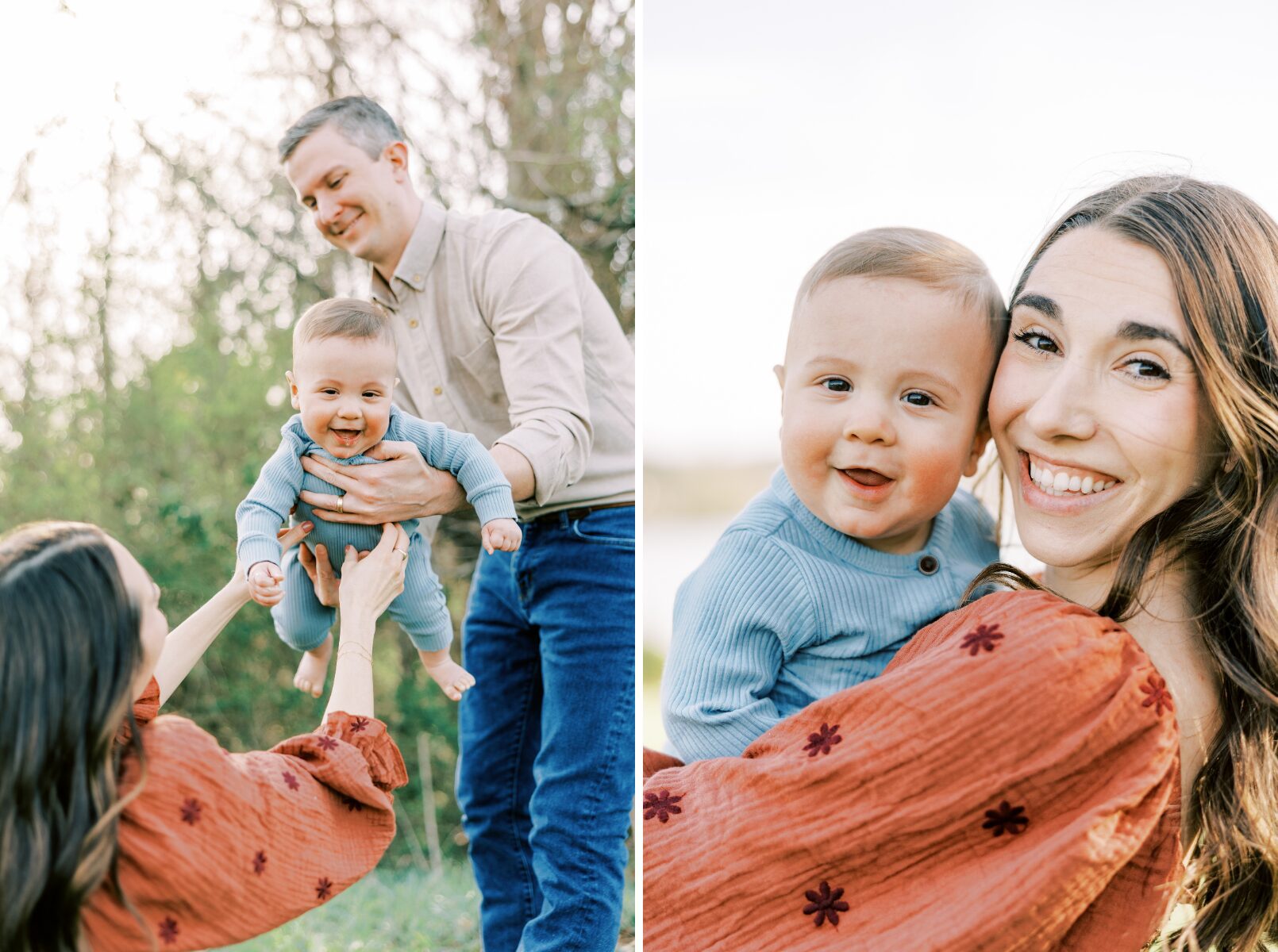 showing son in air laughing, mom and son looking at camera smiling