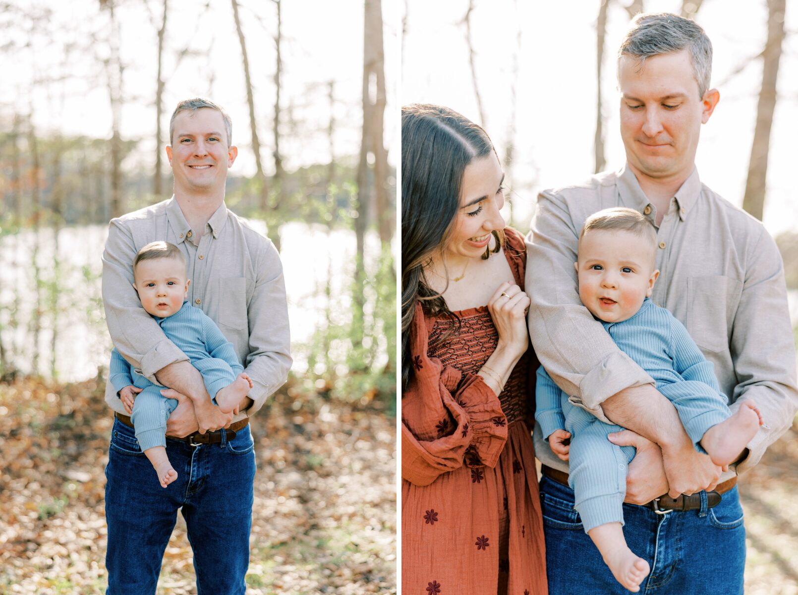 dad and son smiling at camera, family looking at each other smiling