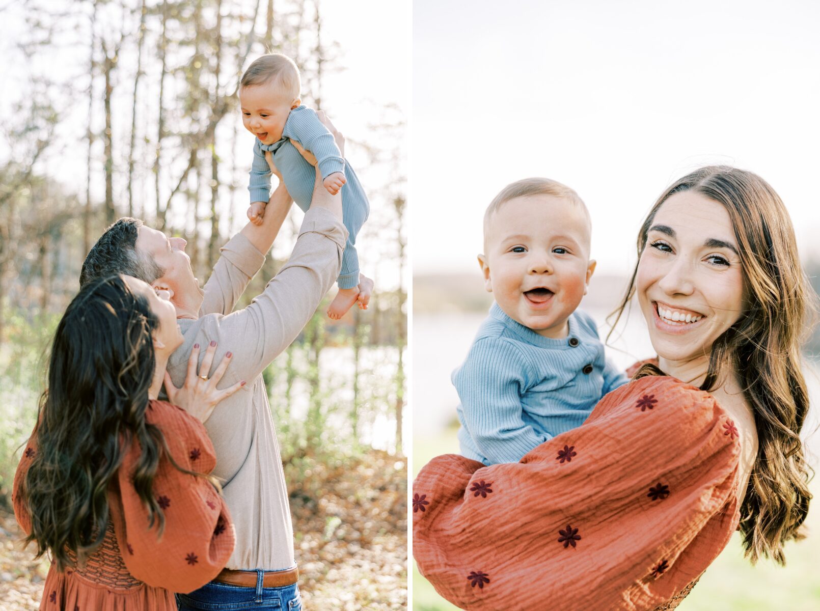 mom and dad holding son in air, mom with boy looking at camera