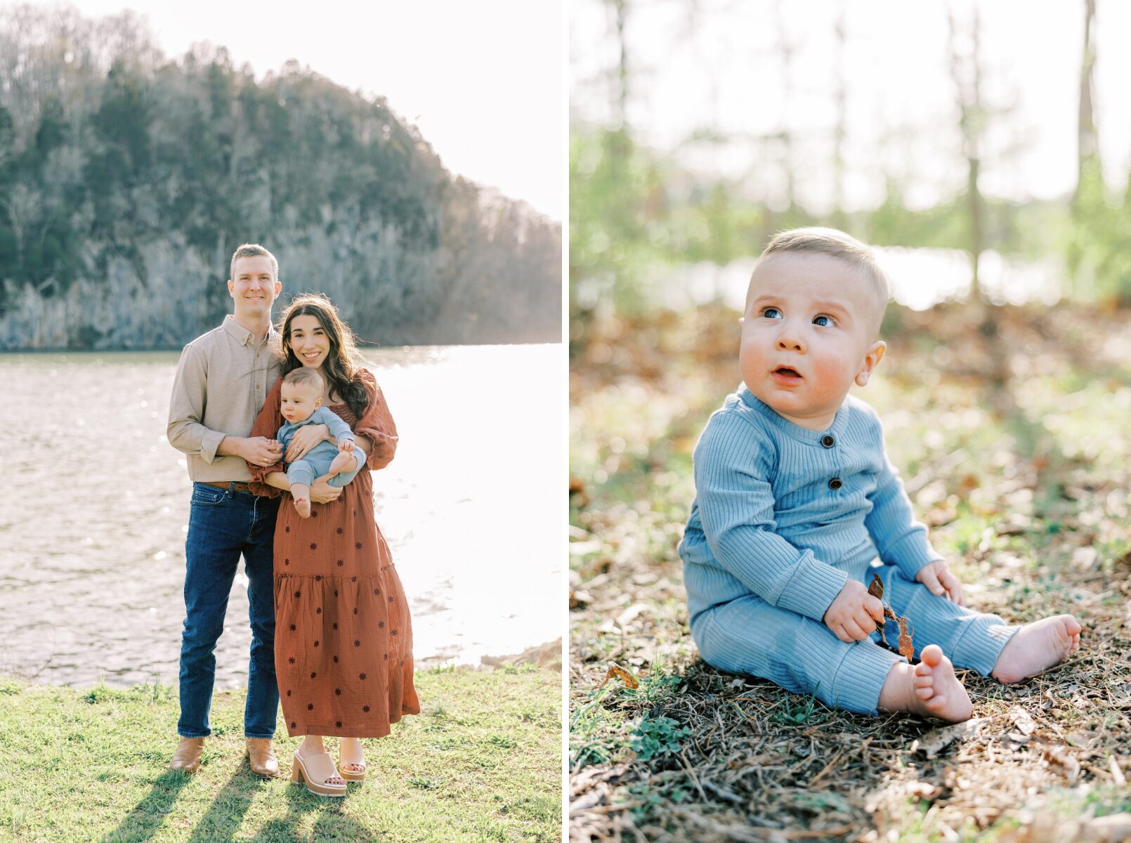 family smiling at camera, little boy sitting on ground