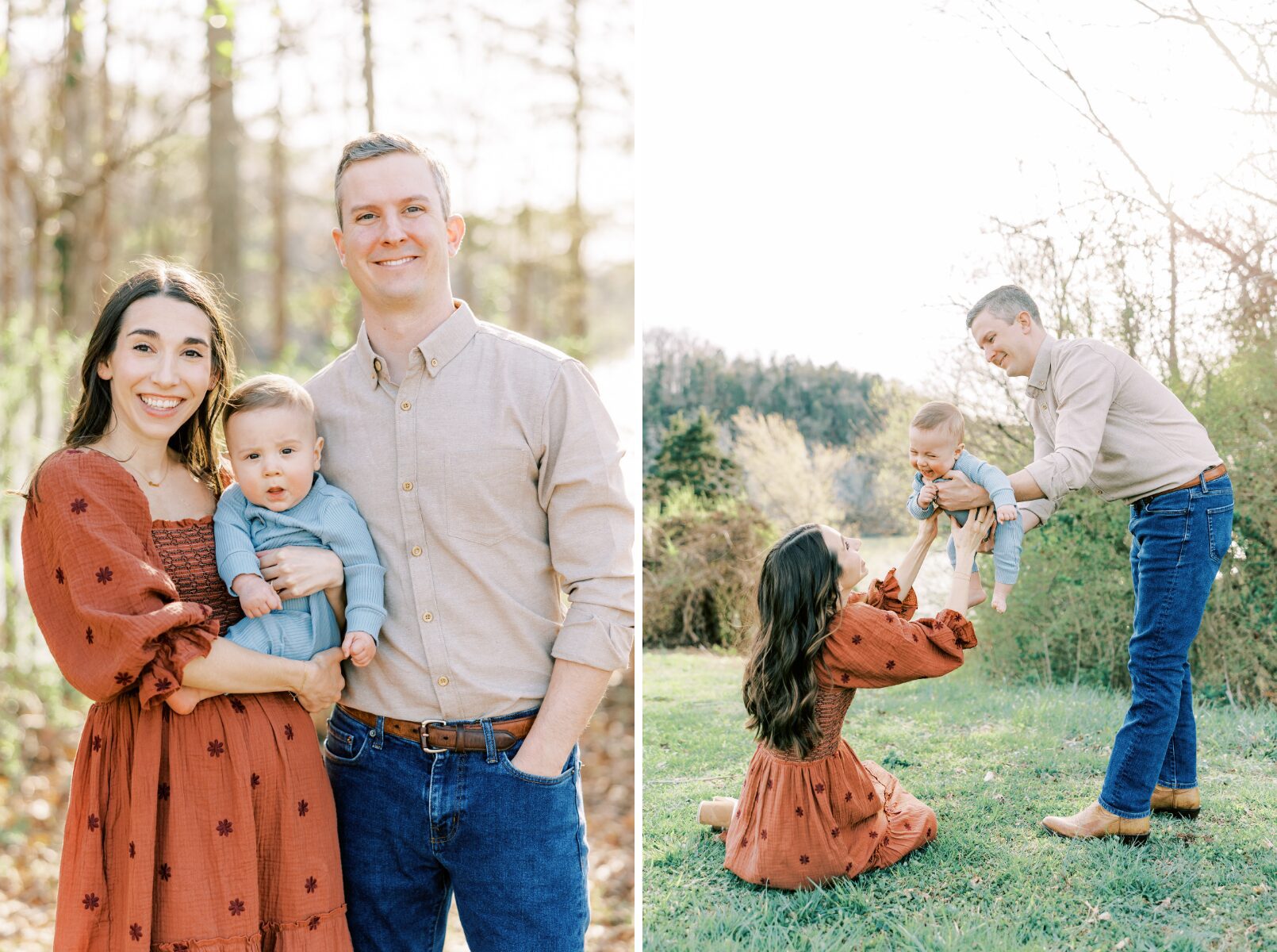 family looking at camera, mom throwing son in air while dad is holding him