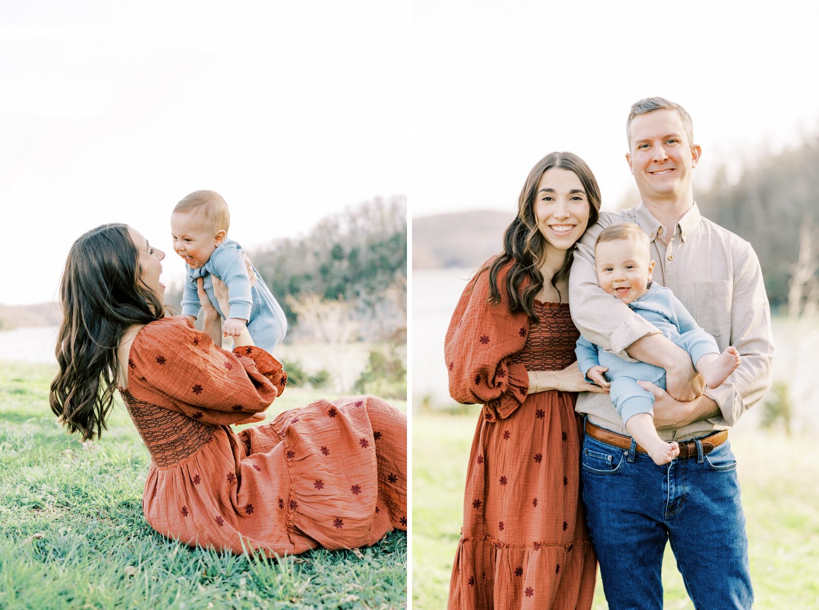mom holding son in air, family looking at camera smiling