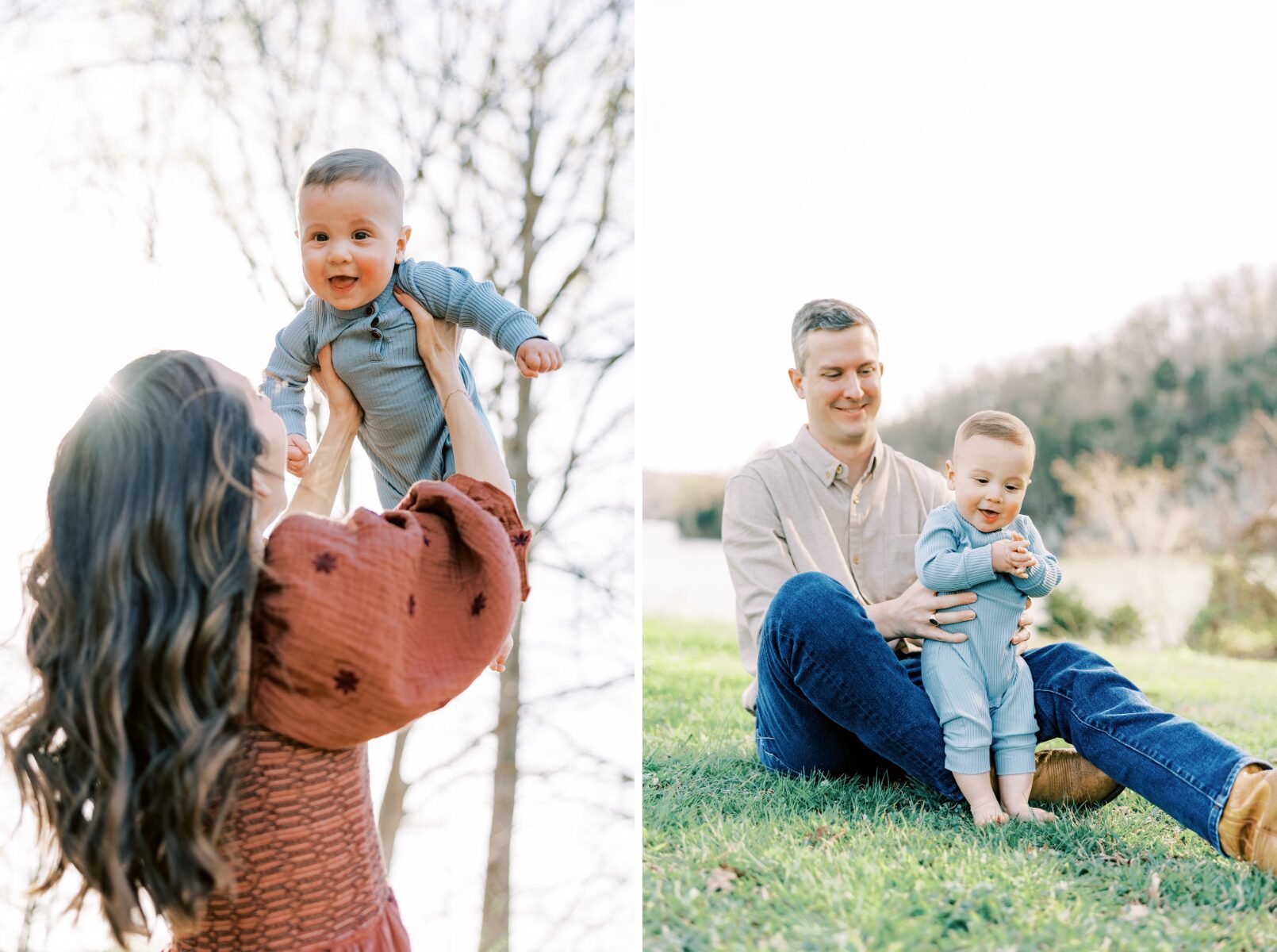 mom throwing son in air, dad holding son standing on ground