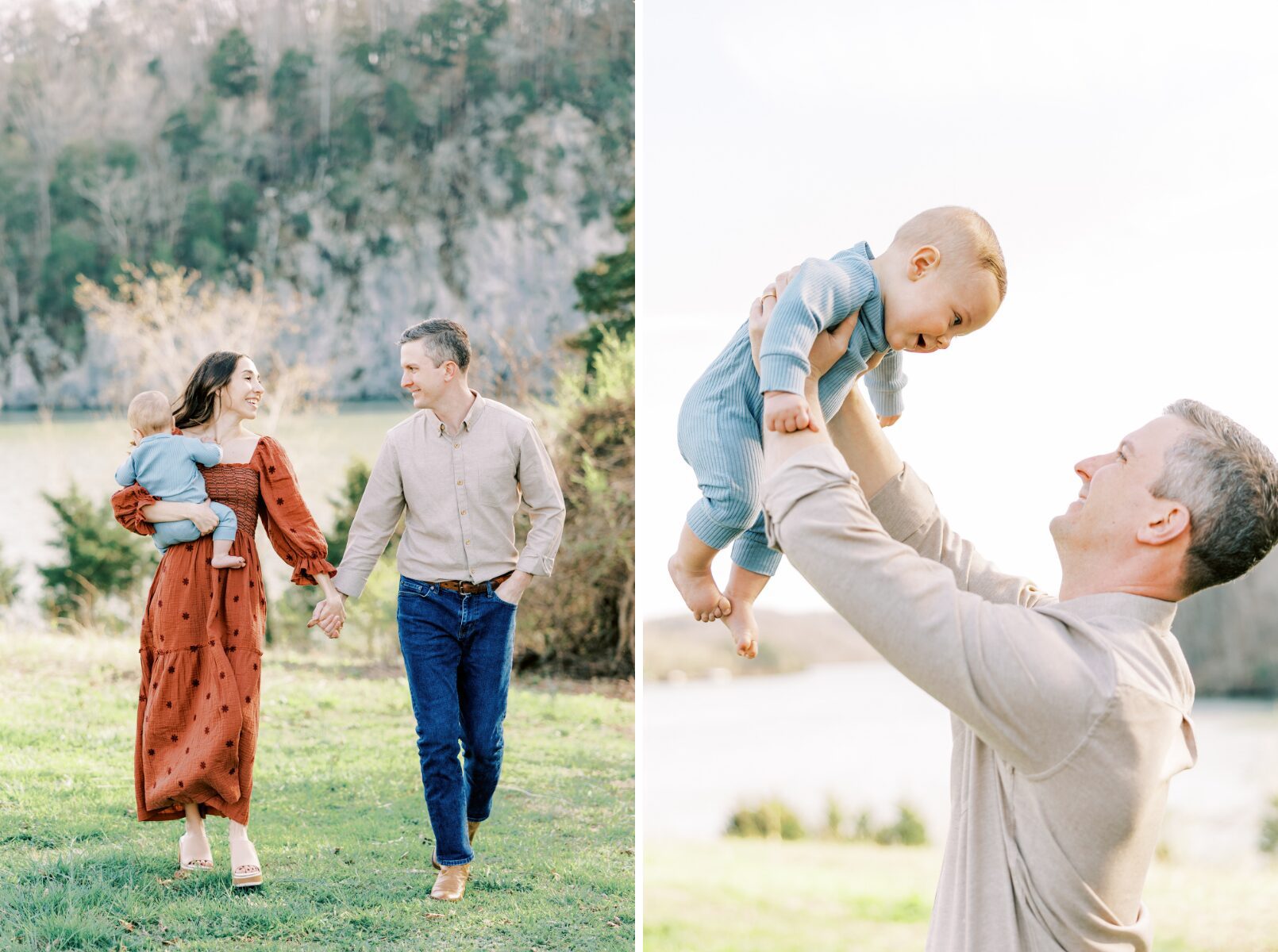 family walking holding hands, dad throwing son in air