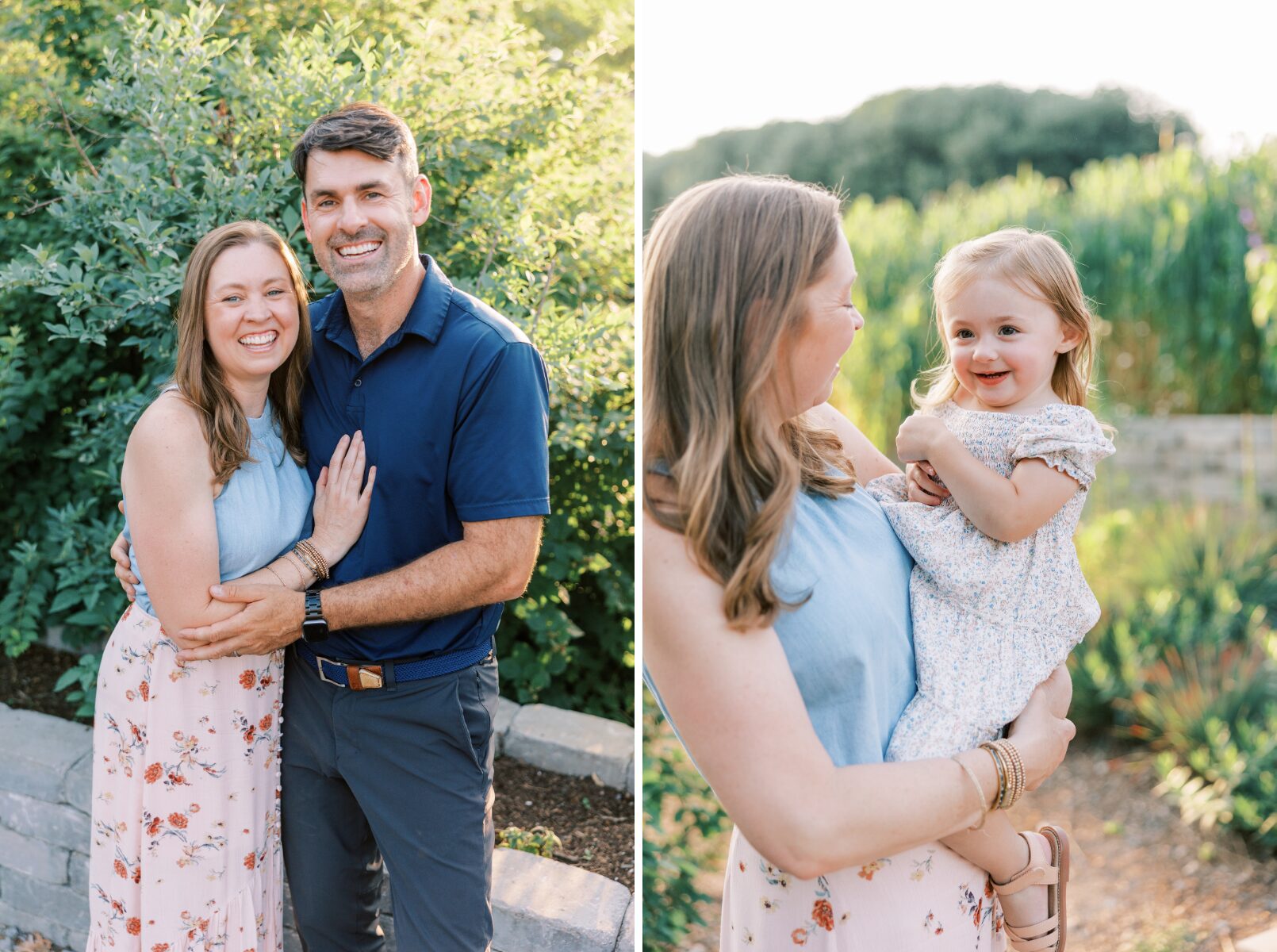 mom and dad smiling at camera, mom holding little girl looking at her