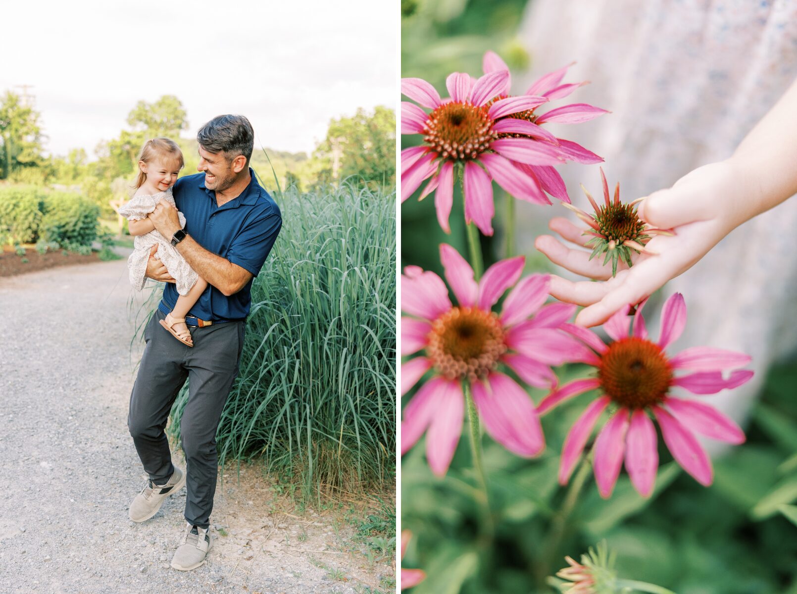 dad dancing with little girl smiling, flowers