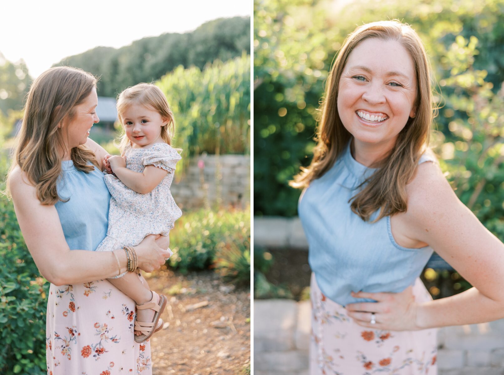 mom holding little girl, mom smiling at camera