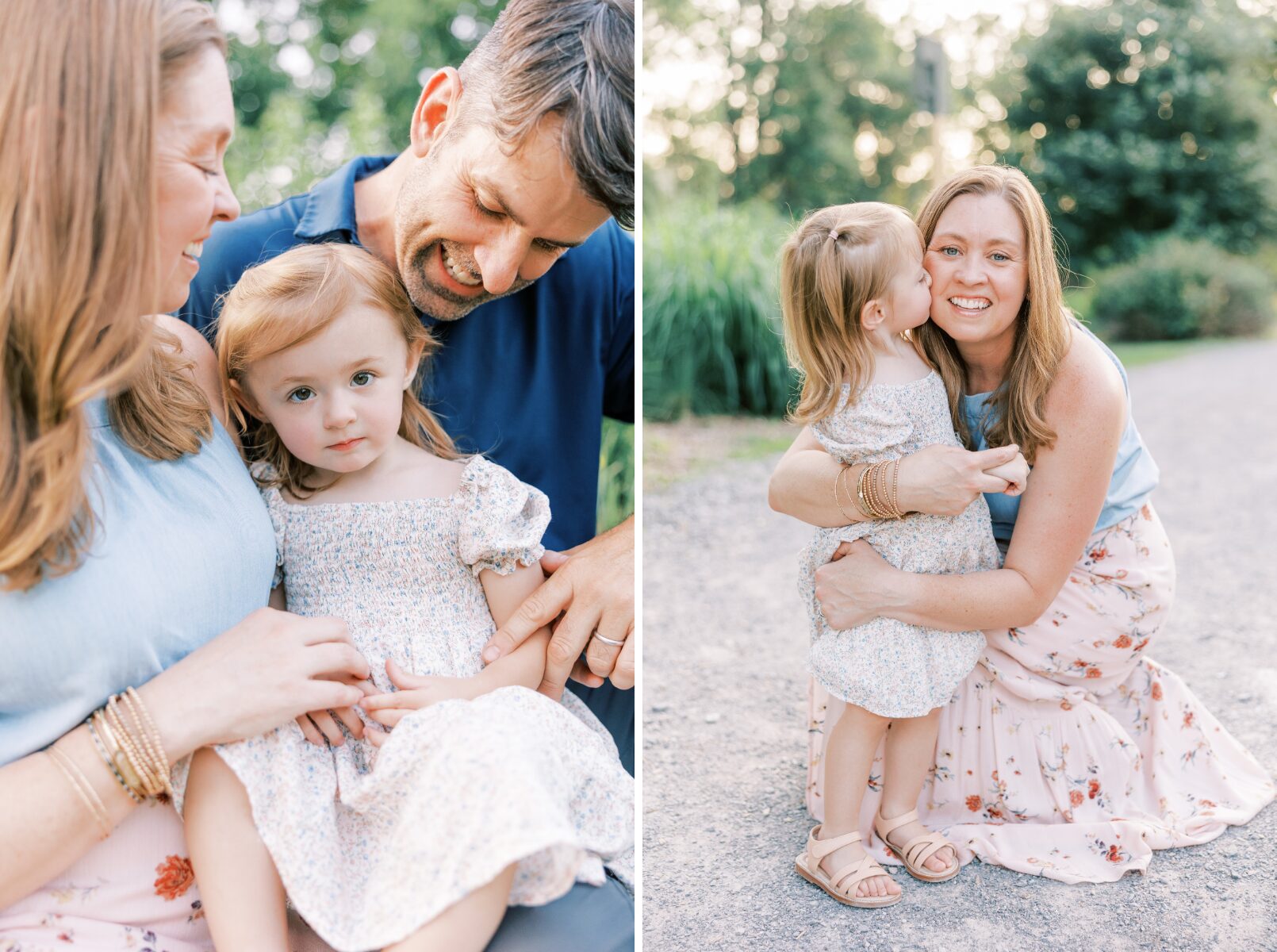 mom and dad looking at girl, girl kissing mom on cheek