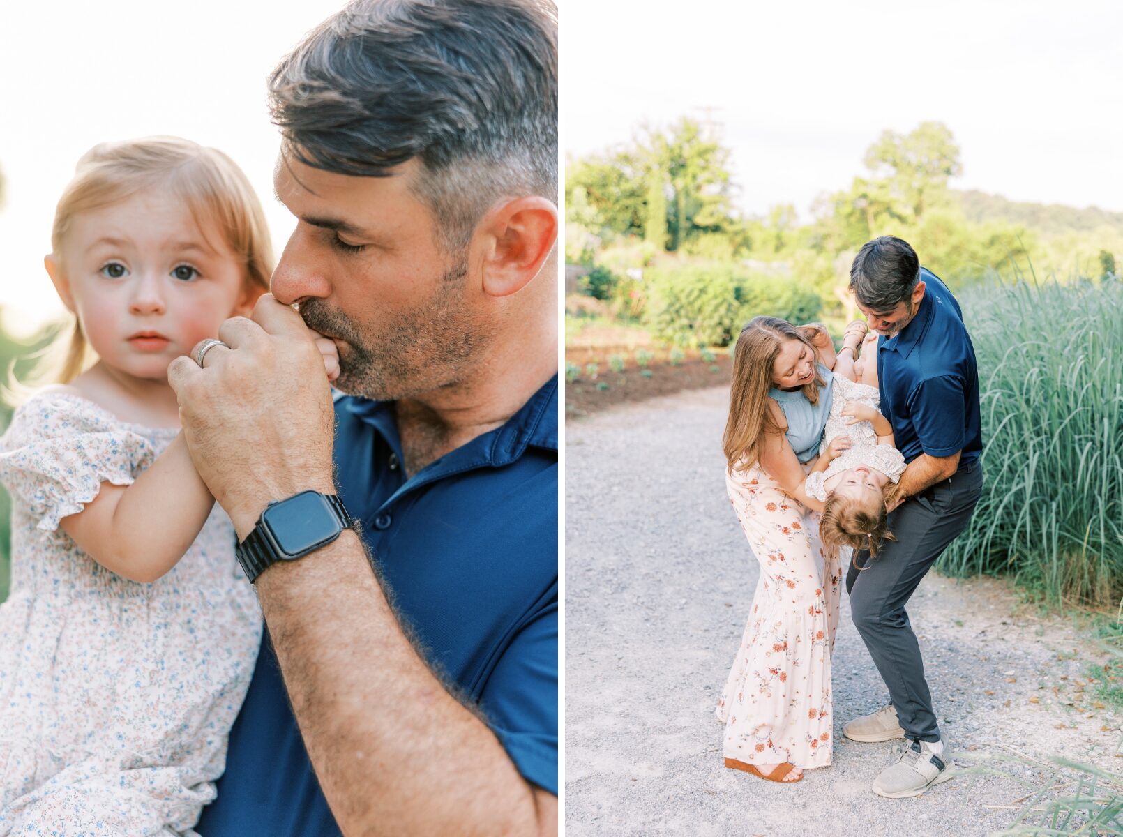 mom kissing little girl's hand, mom and dad tossing little girl down