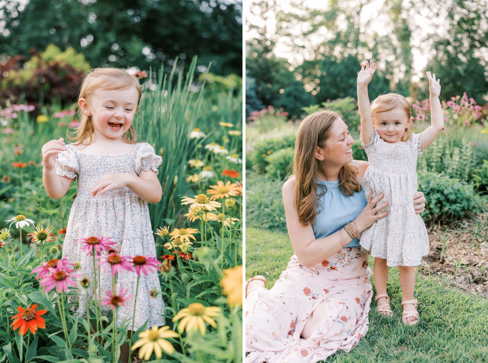 little girl smiling in the flowers, mom holding little girl with arms in the air