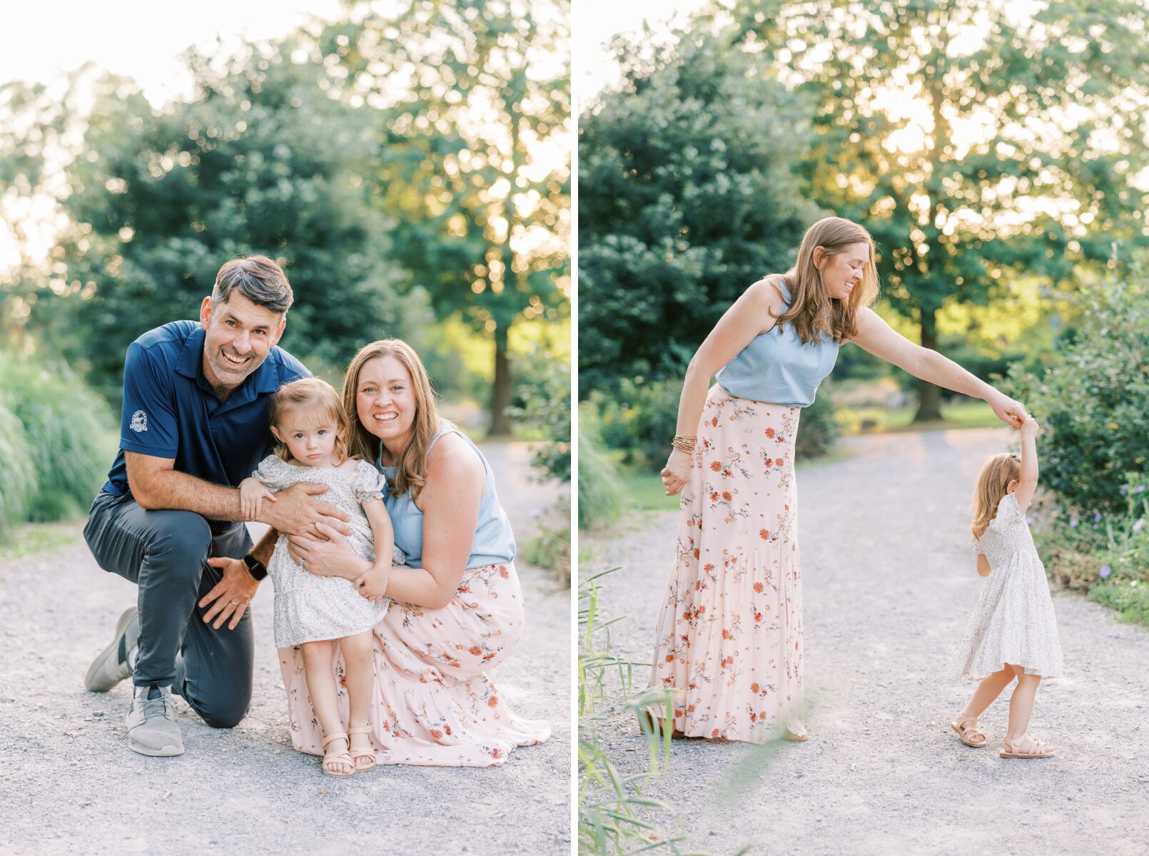 family smiling at camera, mom spinning little girl