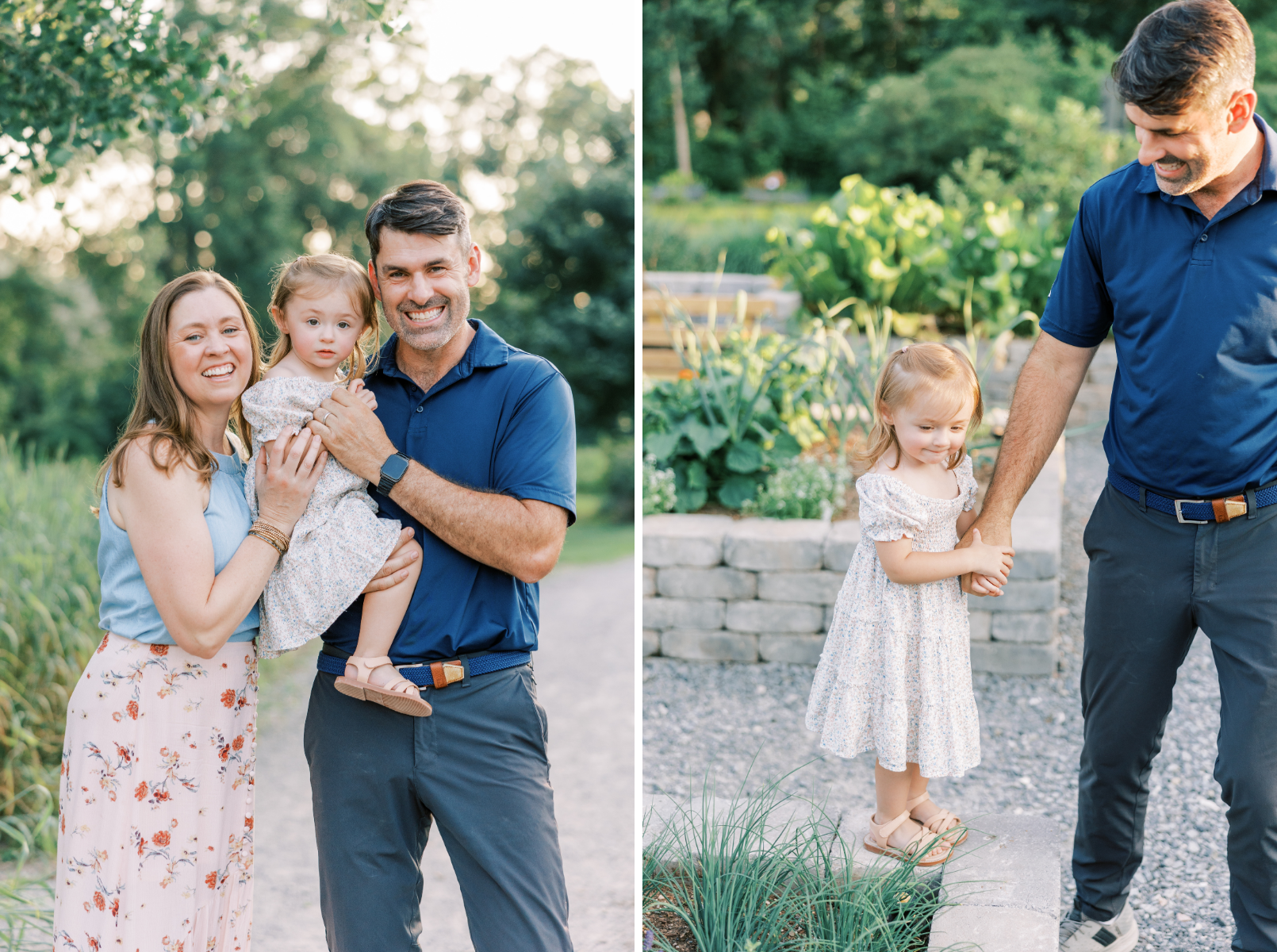 family smiling at camera, dad holding little girl on sidewall