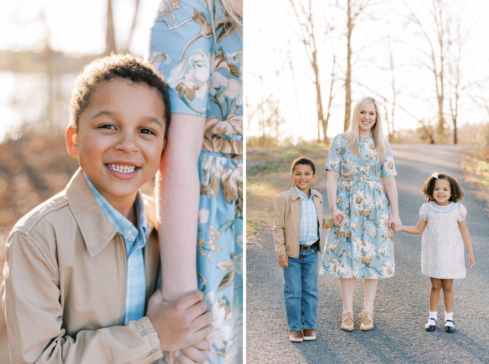 little boy holding on to moms arm smiling, family walking and smiling at camera