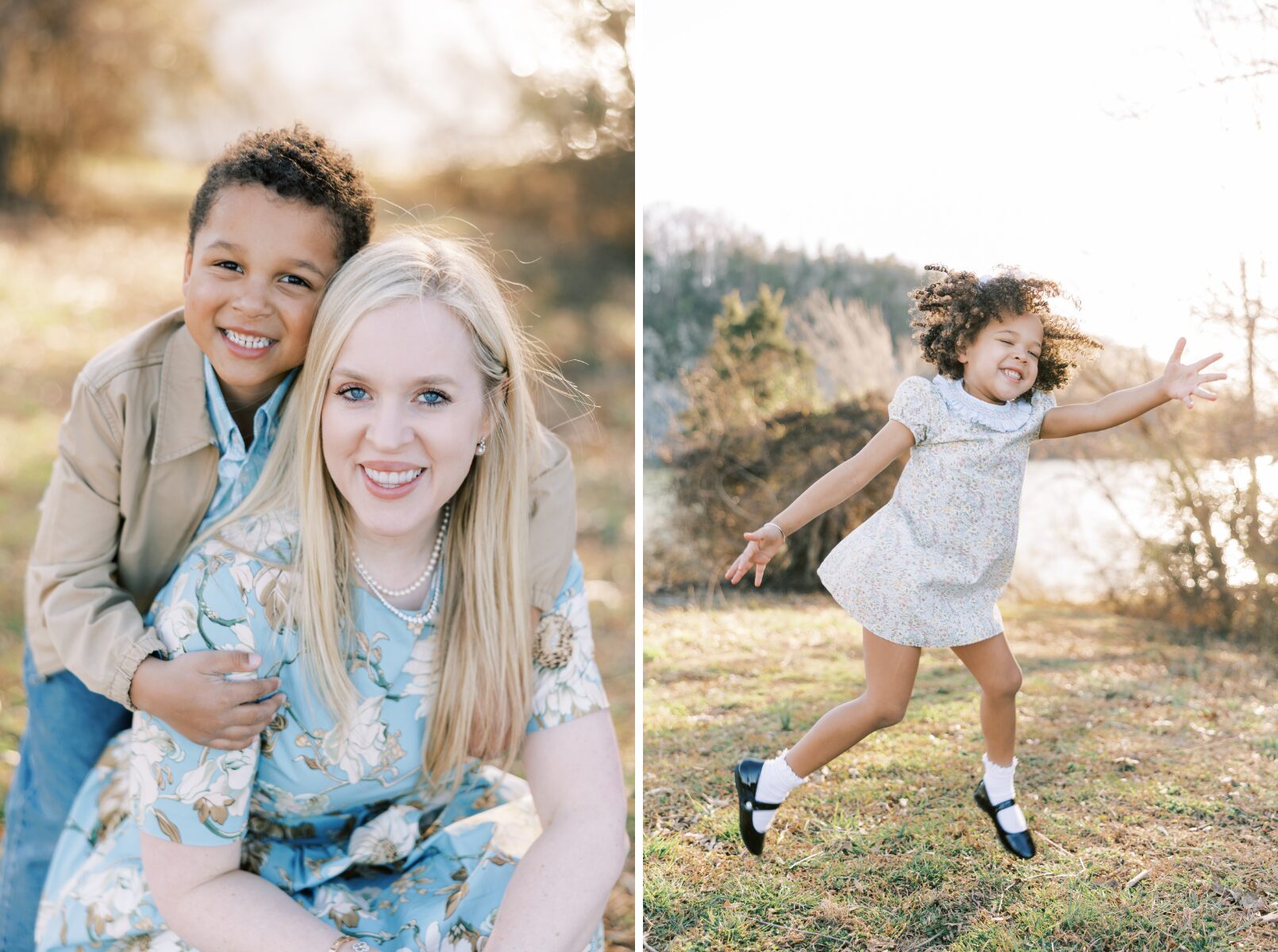 son holding on to moms back, little girl jumping and laughing in air