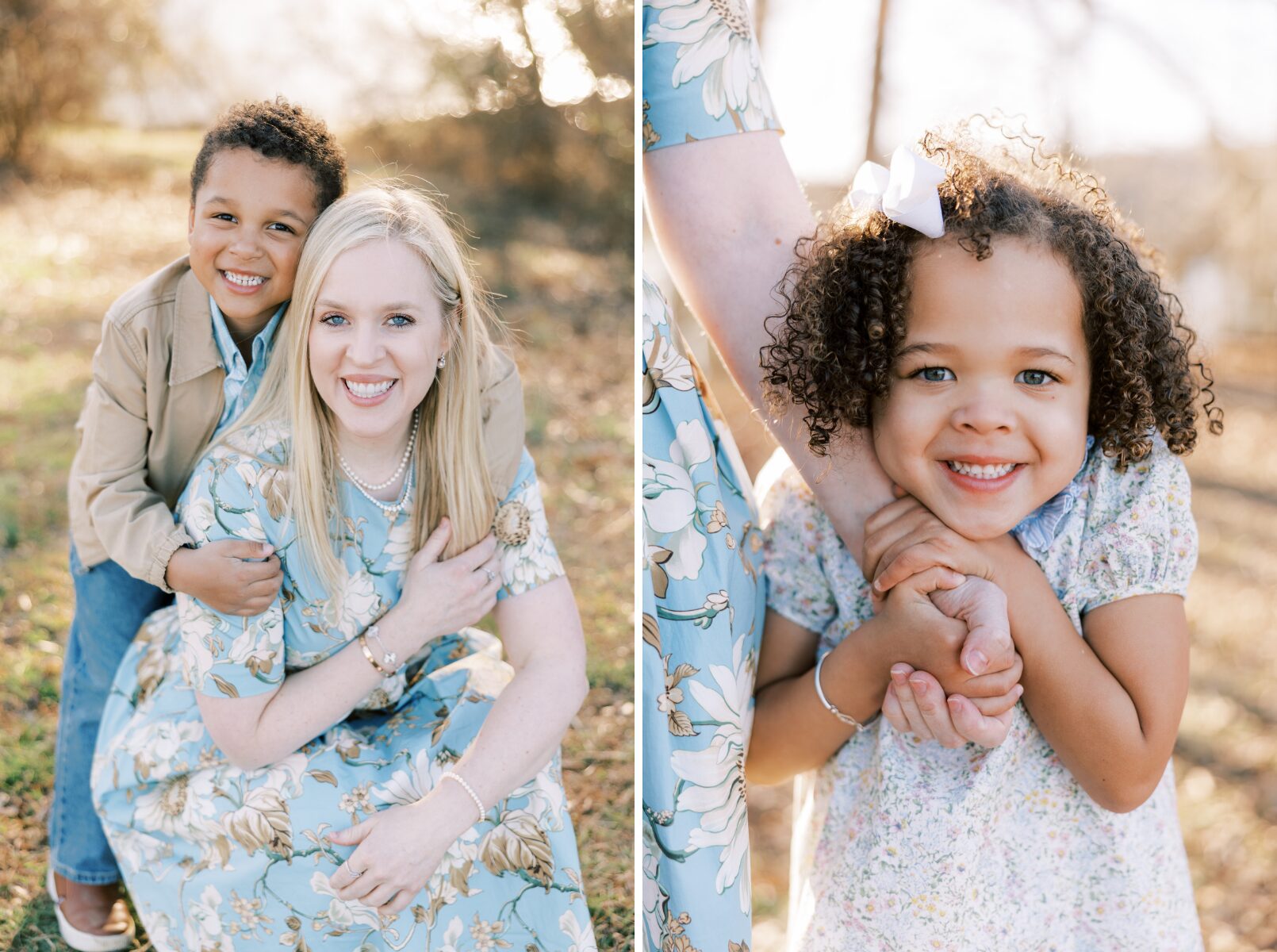 mom and son smiling at camera, little girl smiling