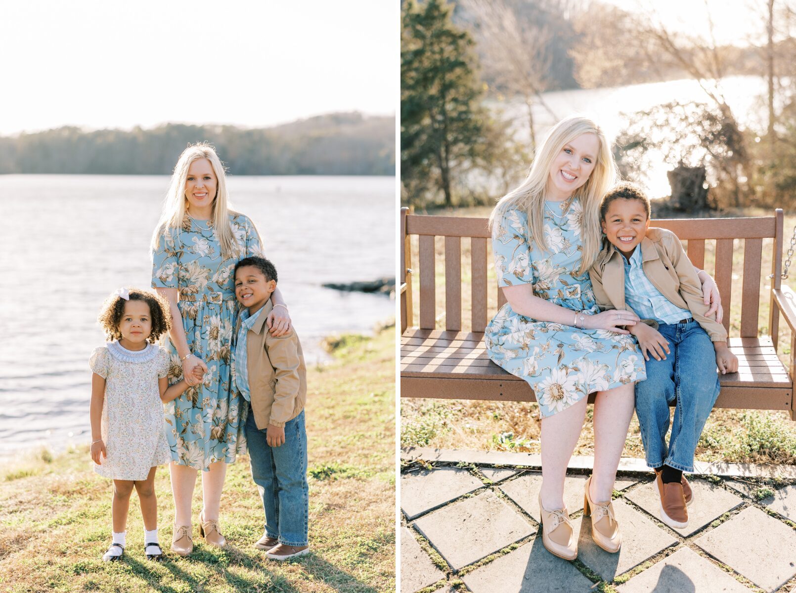 family picture smiling by the water, mom and son smiling on porch swing