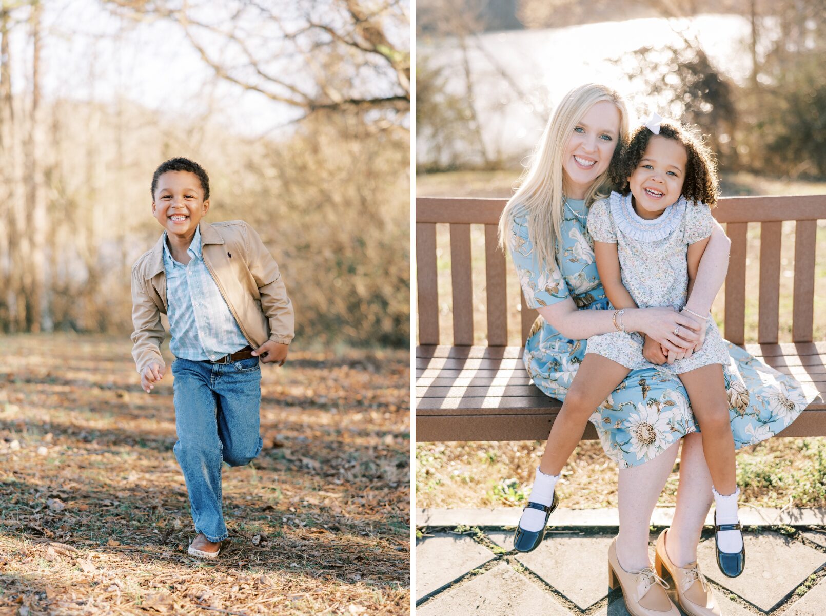 little boy running, mom and daughter on swing
